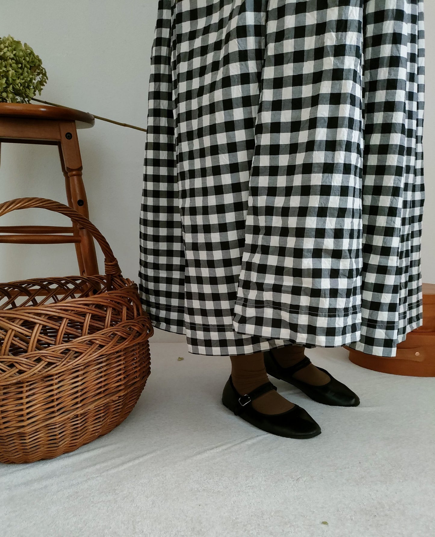 【Gingham check】modernist switching gather Onepiece コットンワンピース Aライン ギャザーワンピース ガーゼ gauze#