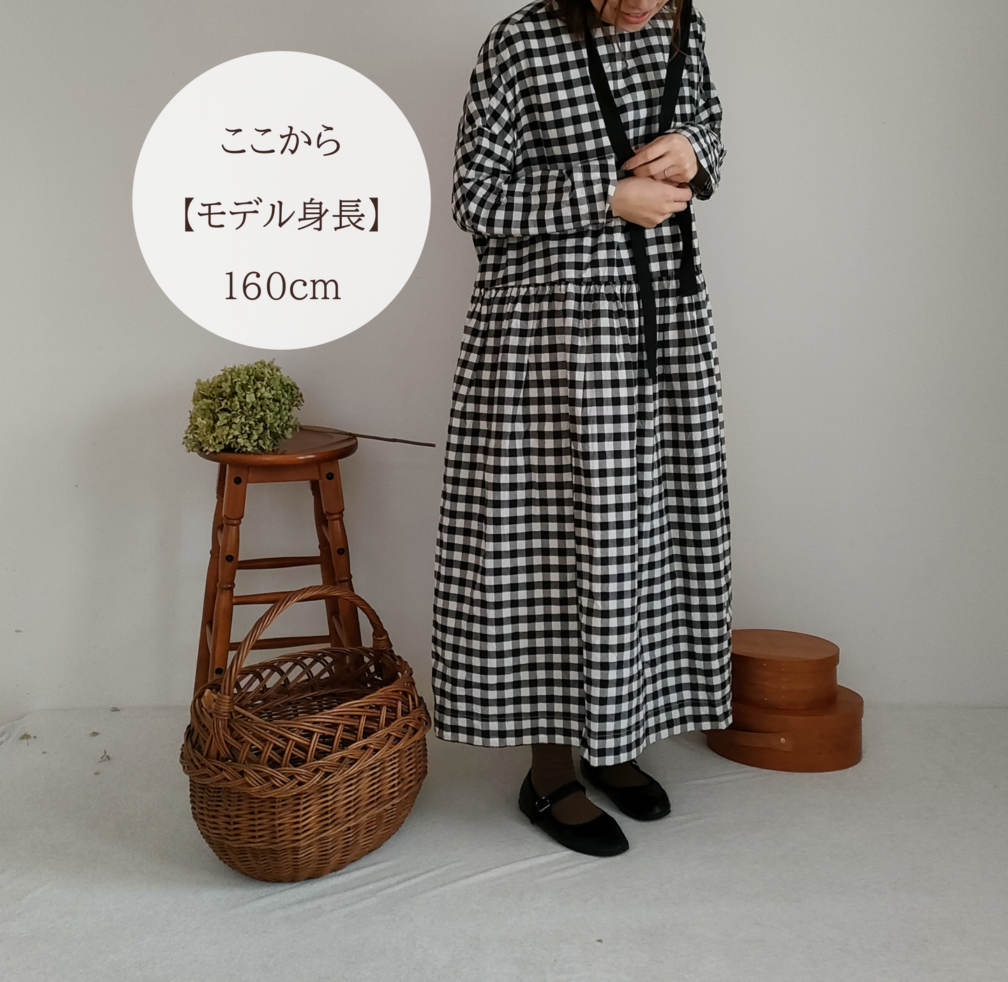 【Gingham check】modernist switching gather Onepiece  コットンワンピース　Aライン　ギャザーワンピース　ガーゼ gauze#