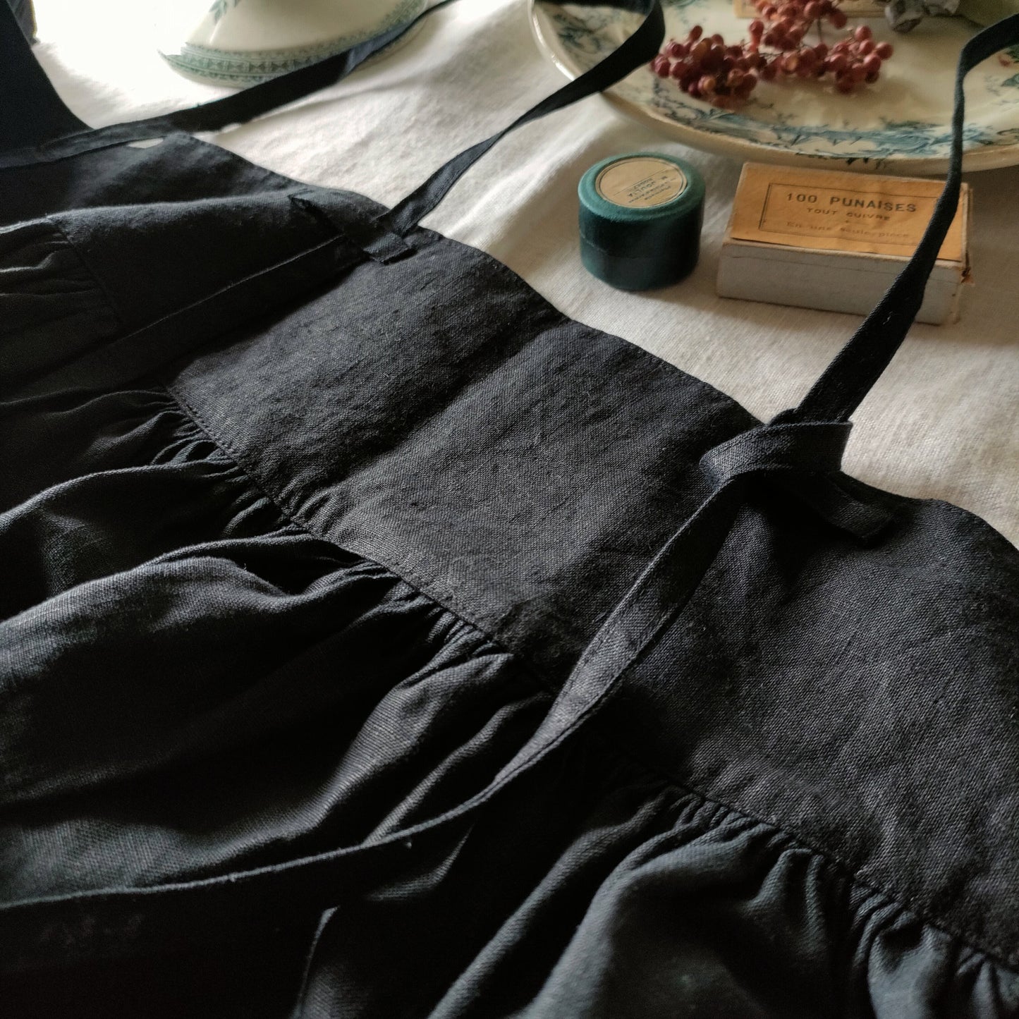 Dark Black　2way サスペンダーギャザータブリエ　French Linen Gather tablier