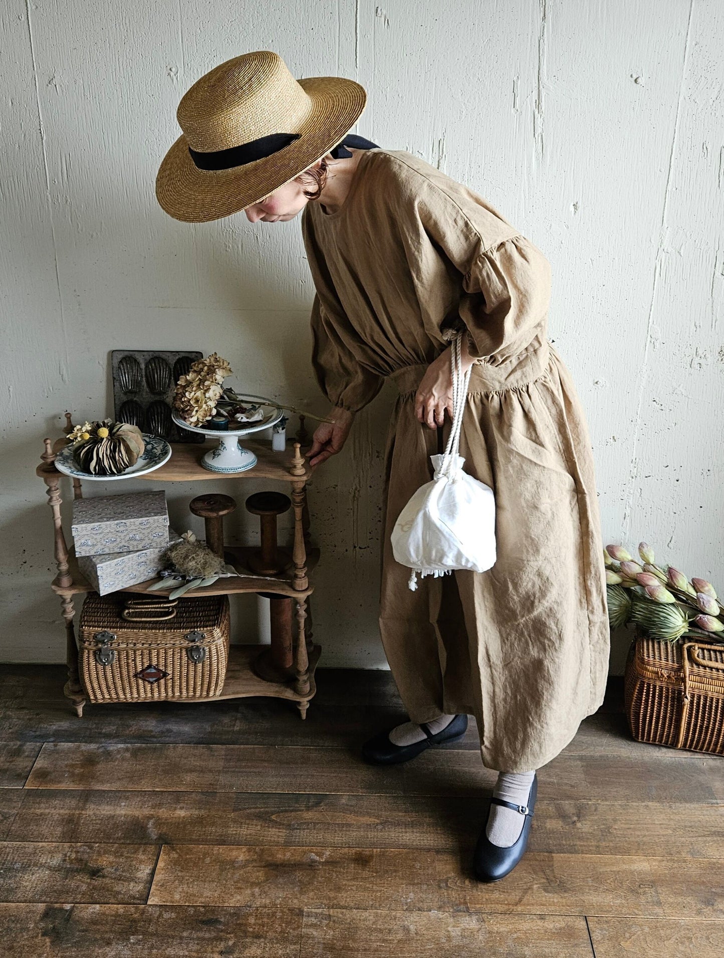 【kurumi brown】クルミブラウン　コレクトレイクリネンギャザーワンピース　 Linen gather　onepiece