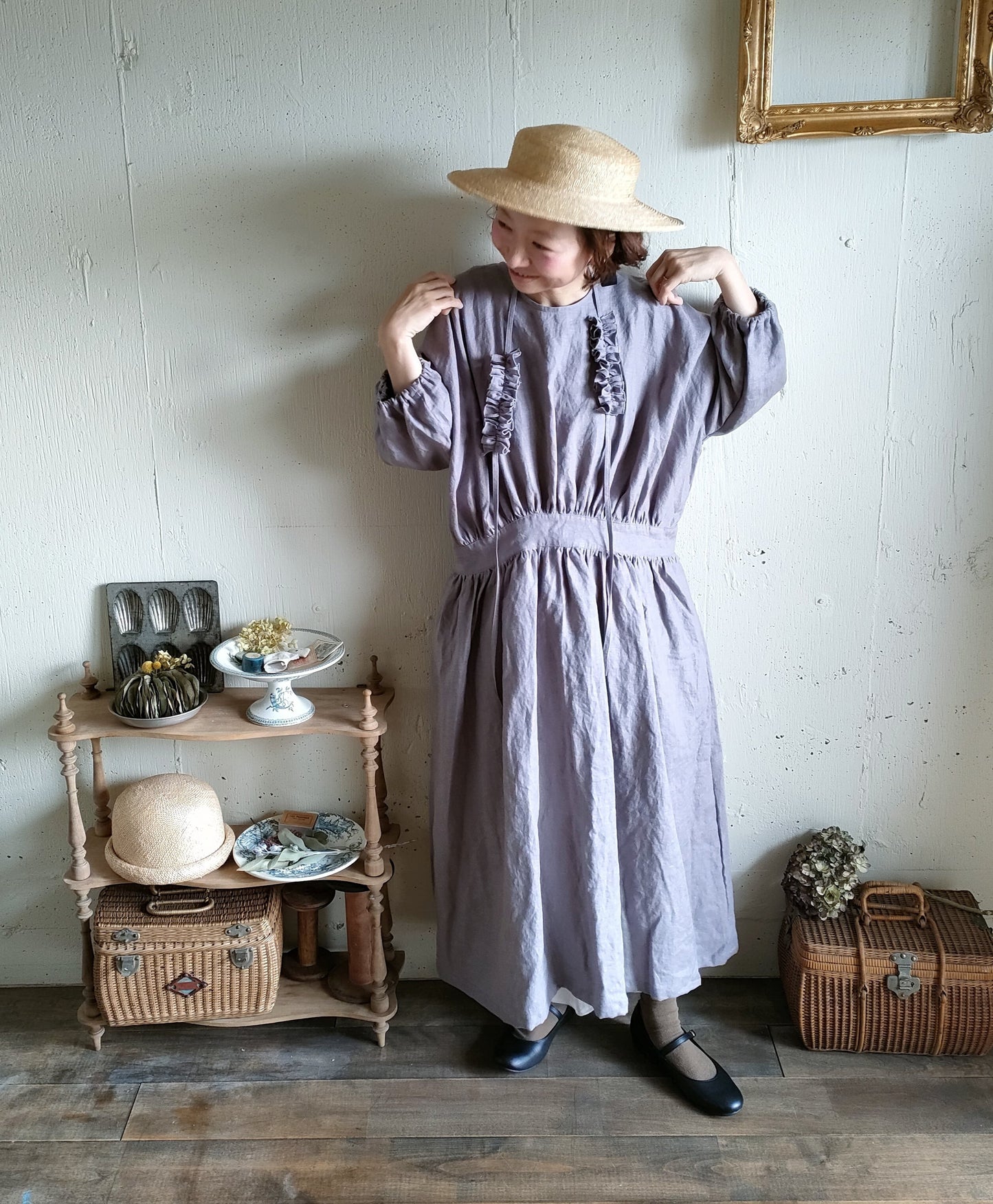 【Ash lavender】アッシュラベンダー　フレンチリネンギャザーワンピース　French linen Gather Onepiece　リネンワンピース　ナチュラルワンピース　フレンチリネン