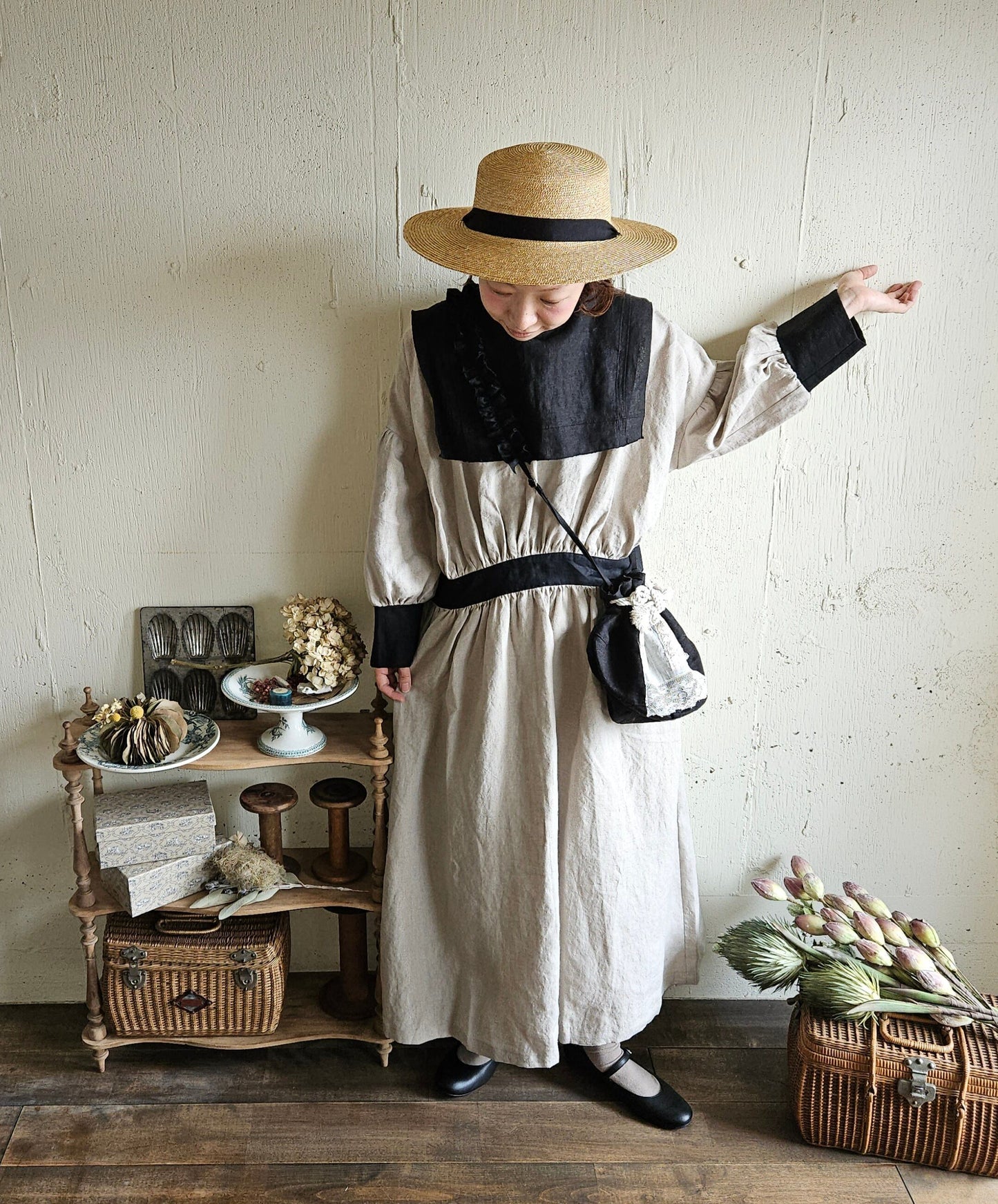 【kinari × Black】キナリ×ブラック bicollar cuffs gather onepice