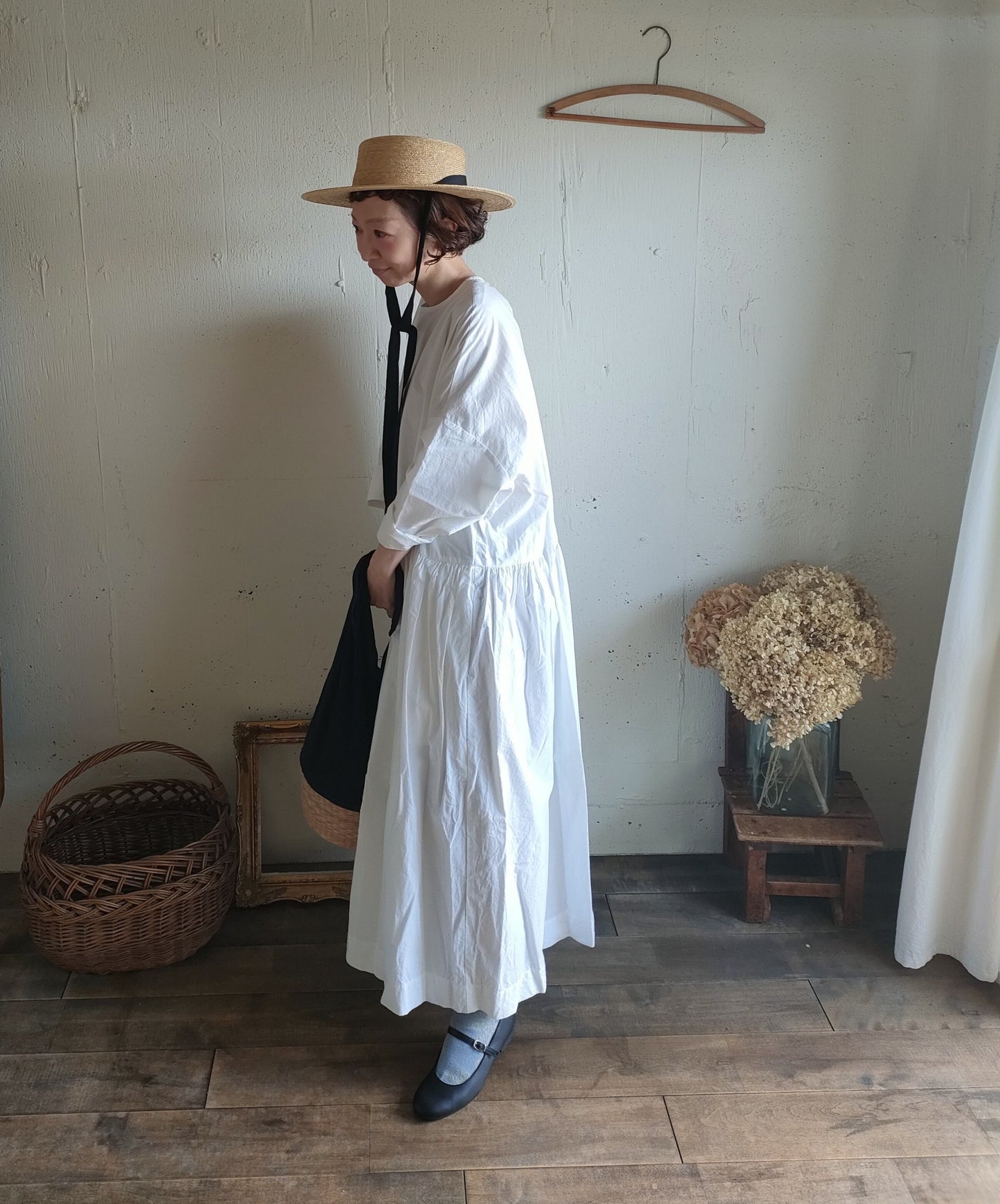 【Mat White】modernist switching gather Onepiece  コットンワンピース　Aライン　ギャザーワンピース　ガーゼ gauze#