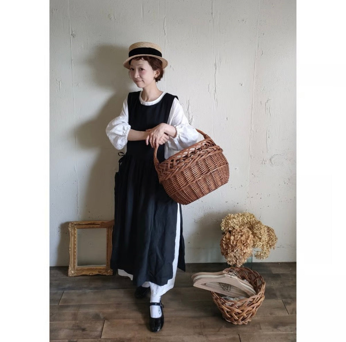 Dark Black フレンチリネンエプロンワンピース　フレンチリネンワンピース　FrenchLinen Apron onepiece