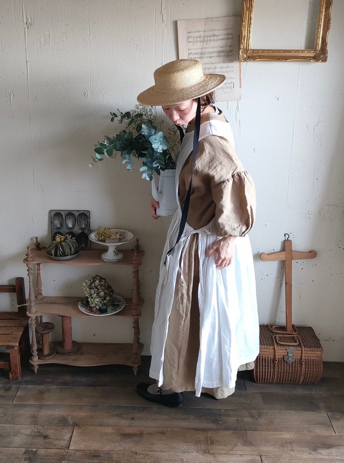 【kurumi brown】クルミブラウン　コレクトレイクリネンギャザーワンピース　 Linen gather　onepiece