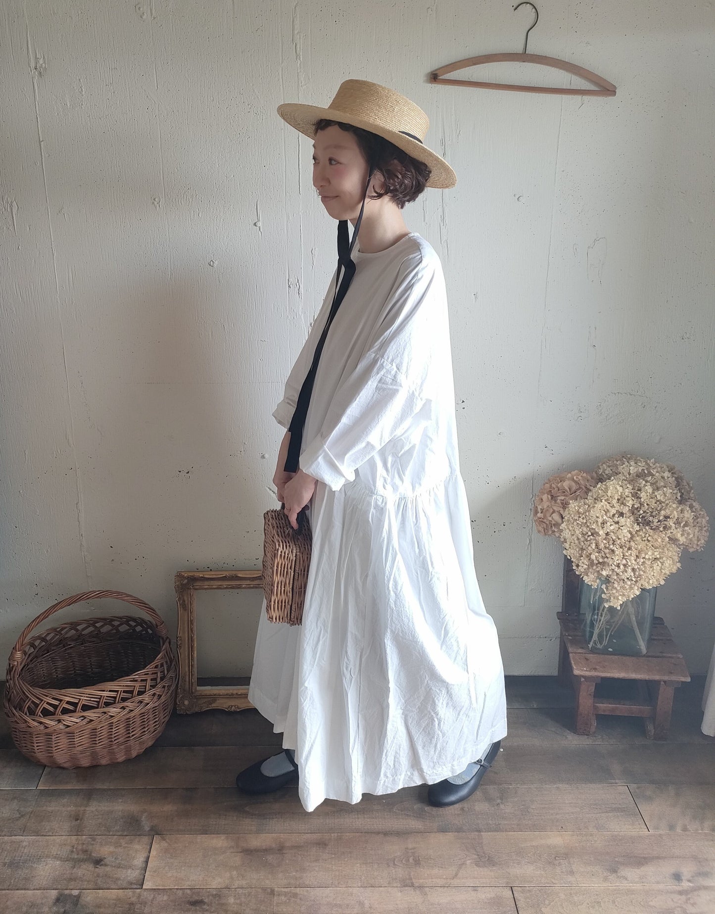 【Mat White】modernist switching gather Onepiece  コットンワンピース　Aライン　ギャザーワンピース　ガーゼ gauze#