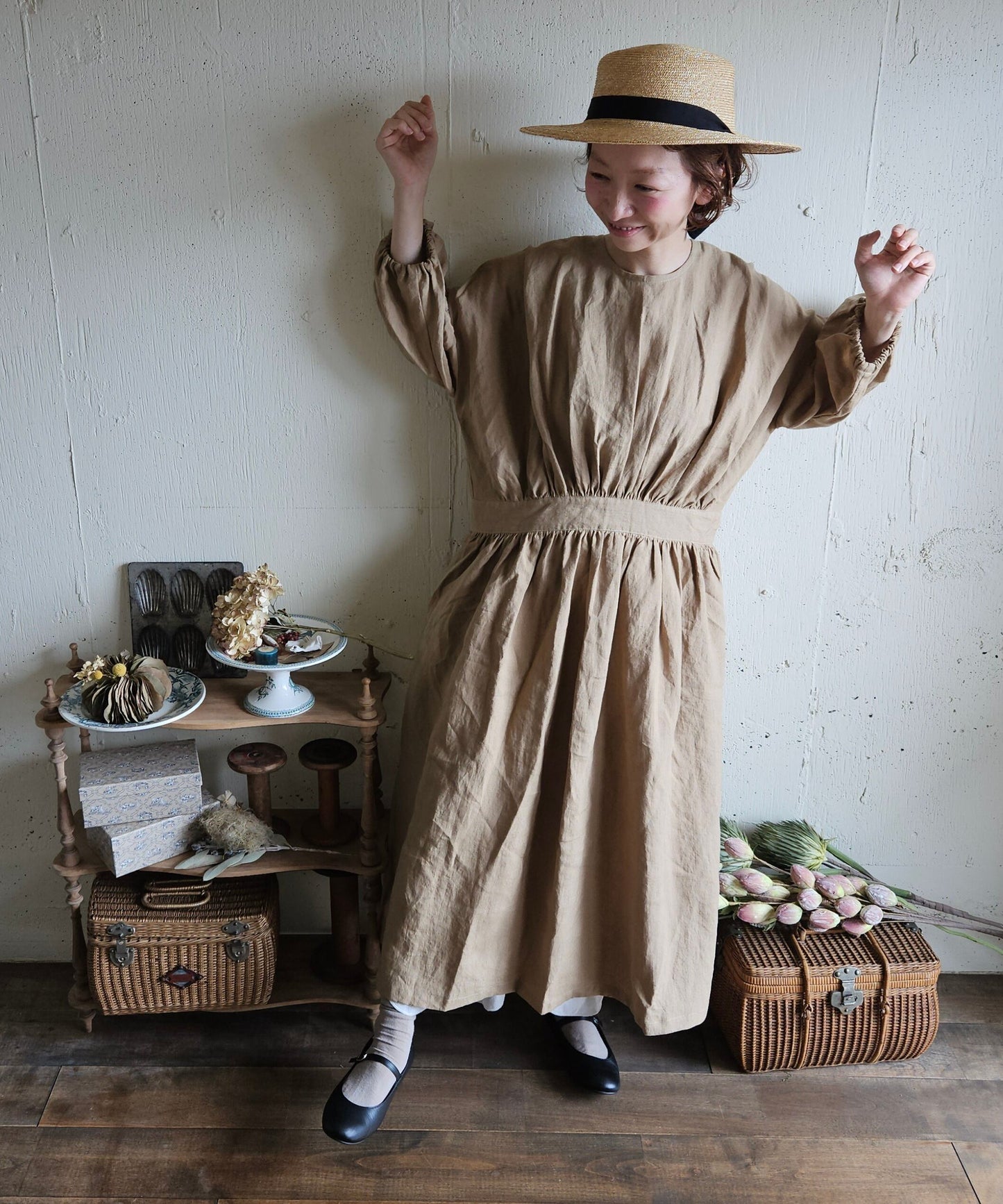【kurumi brown】クルミブラウン　コレクトレイクリネンギャザーワンピース　 Linen gather　onepiece