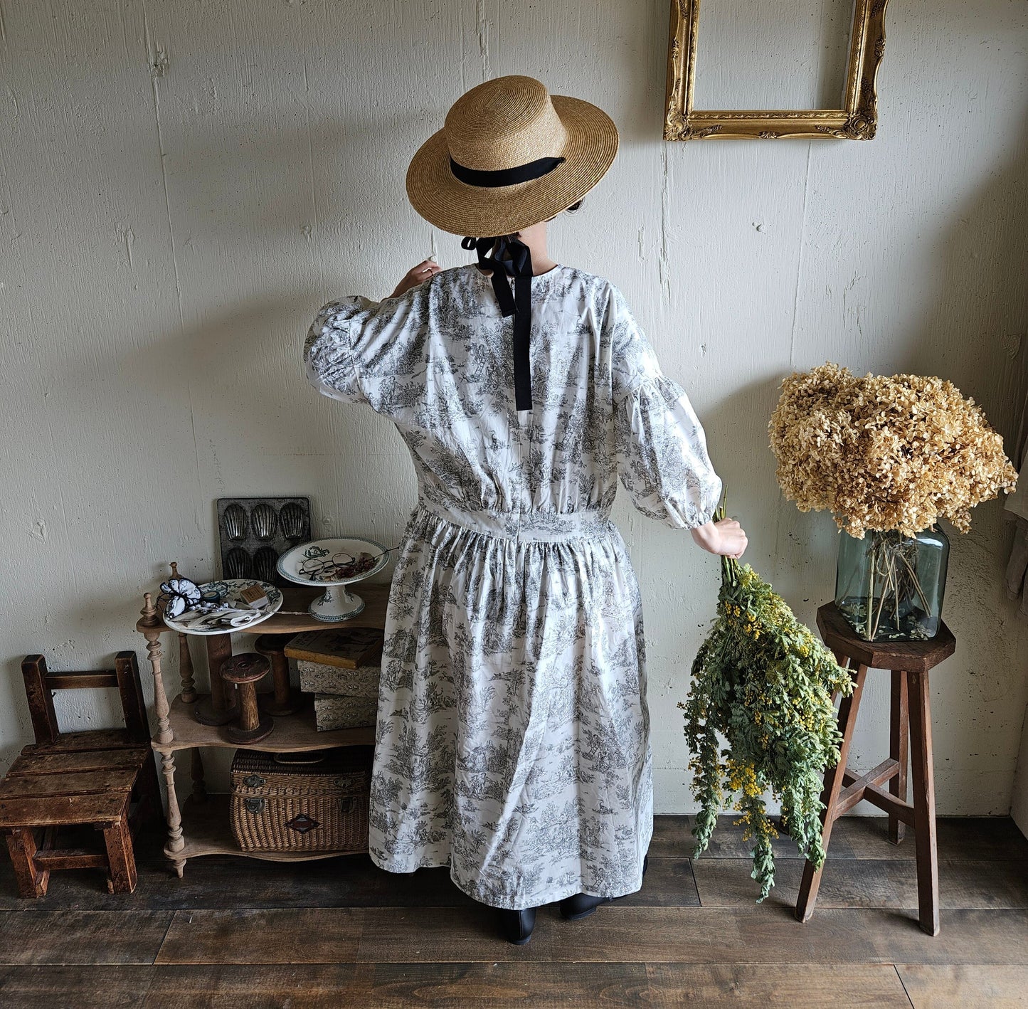 toile de jouy トワルドジュイ柄 ギャザーワンピース French cotton  gather one piece