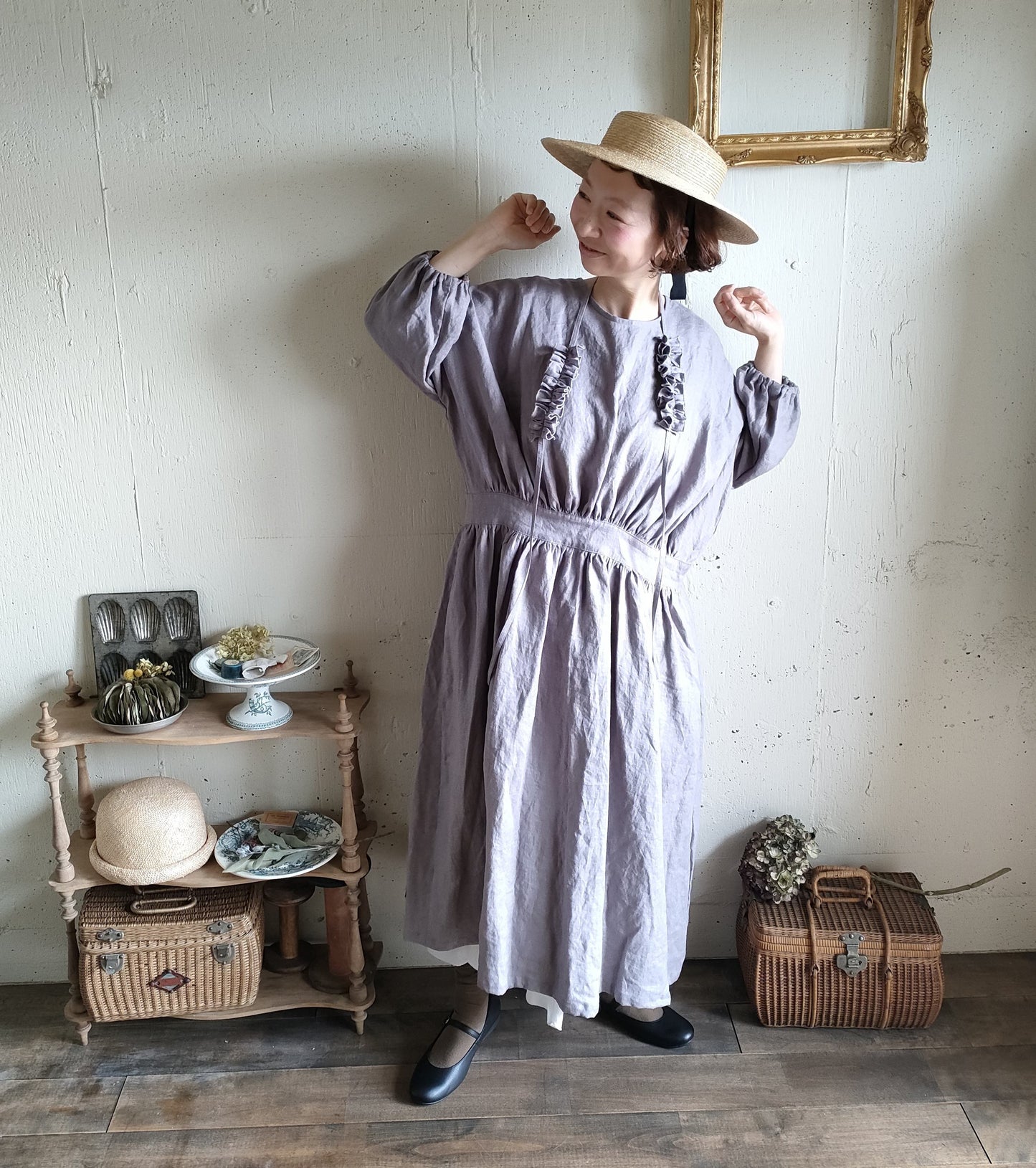 【Ash lavender】アッシュラベンダー　フレンチリネンギャザーワンピース　French linen Gather Onepiece　リネンワンピース　ナチュラルワンピース　フレンチリネン
