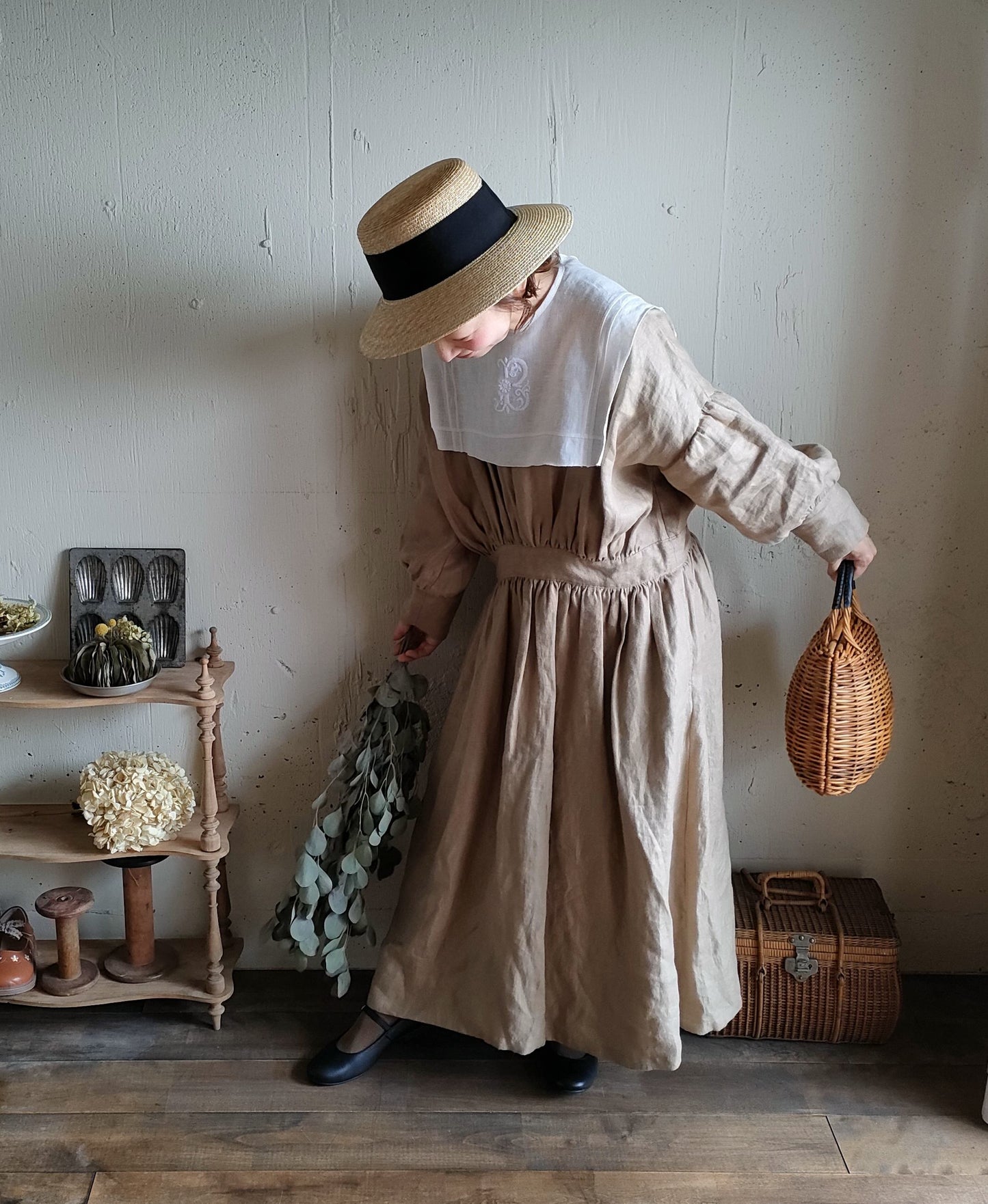 French Linen Ayaori Gather onepiece　アヤオリギャザーワンピース　フレンチリネンギャザーワンピース　リネンワンピース　ナチュラルワンピース　フレンチリネン　