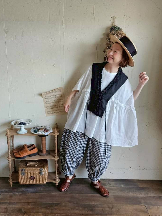 【送料半額】別注！Gauze×meguri.megutte ワイドギャザーブラウス　wide gather blouse