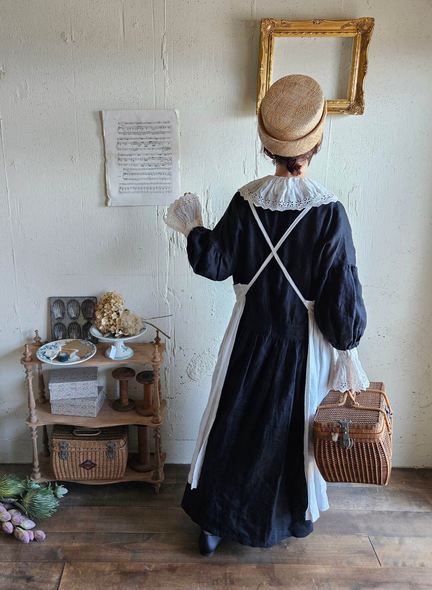 Ecru White　2way サスペンダーギャザータブリエ　French Linen Gather tablier 　アンティークタブリエ　リネンタブリエ