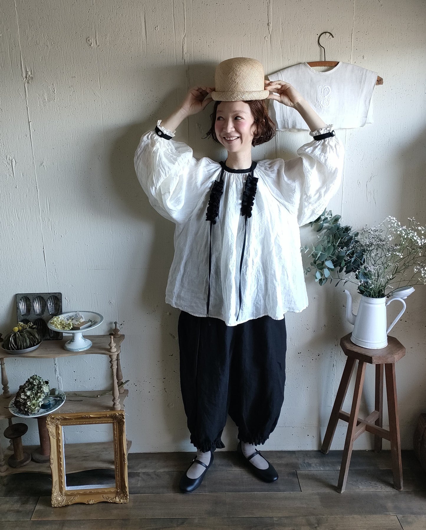 バイカラー 2way ギャザーアンティークブラウス　#gauze