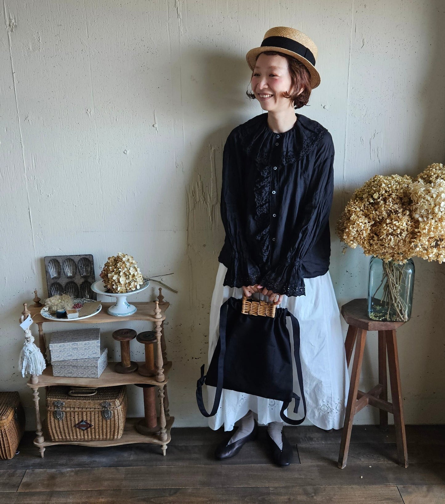 《Noir Black》Antique Lace Blouse  アンティークレースブラウス　gauze