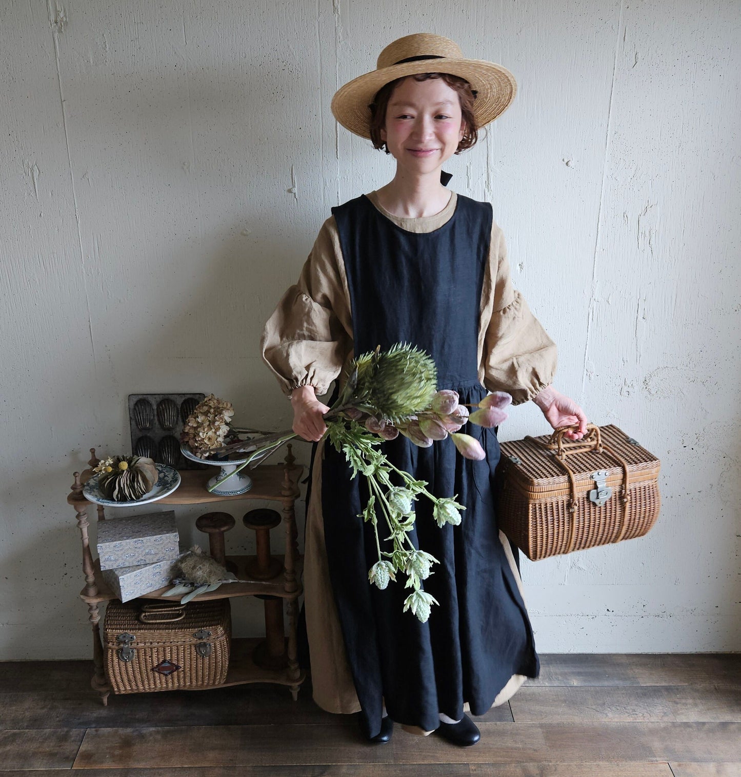 【kurumi brown】クルミブラウン　コレクトレイクリネンギャザーワンピース　 Linen gather　onepiece