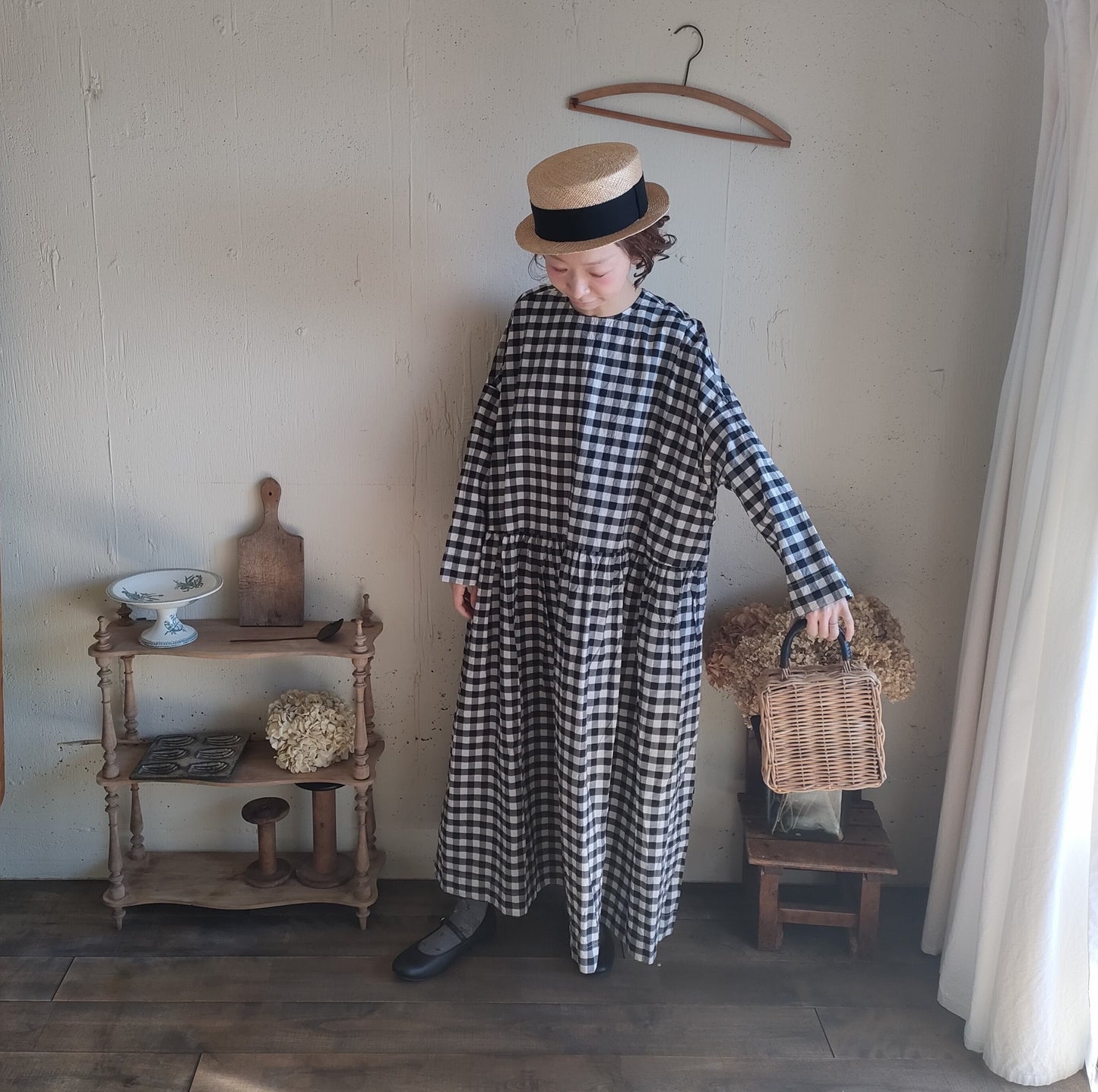 【Gingham check】modernist switching gather Onepiece  コットンワンピース　Aライン　ギャザーワンピース　ガーゼ gauze#