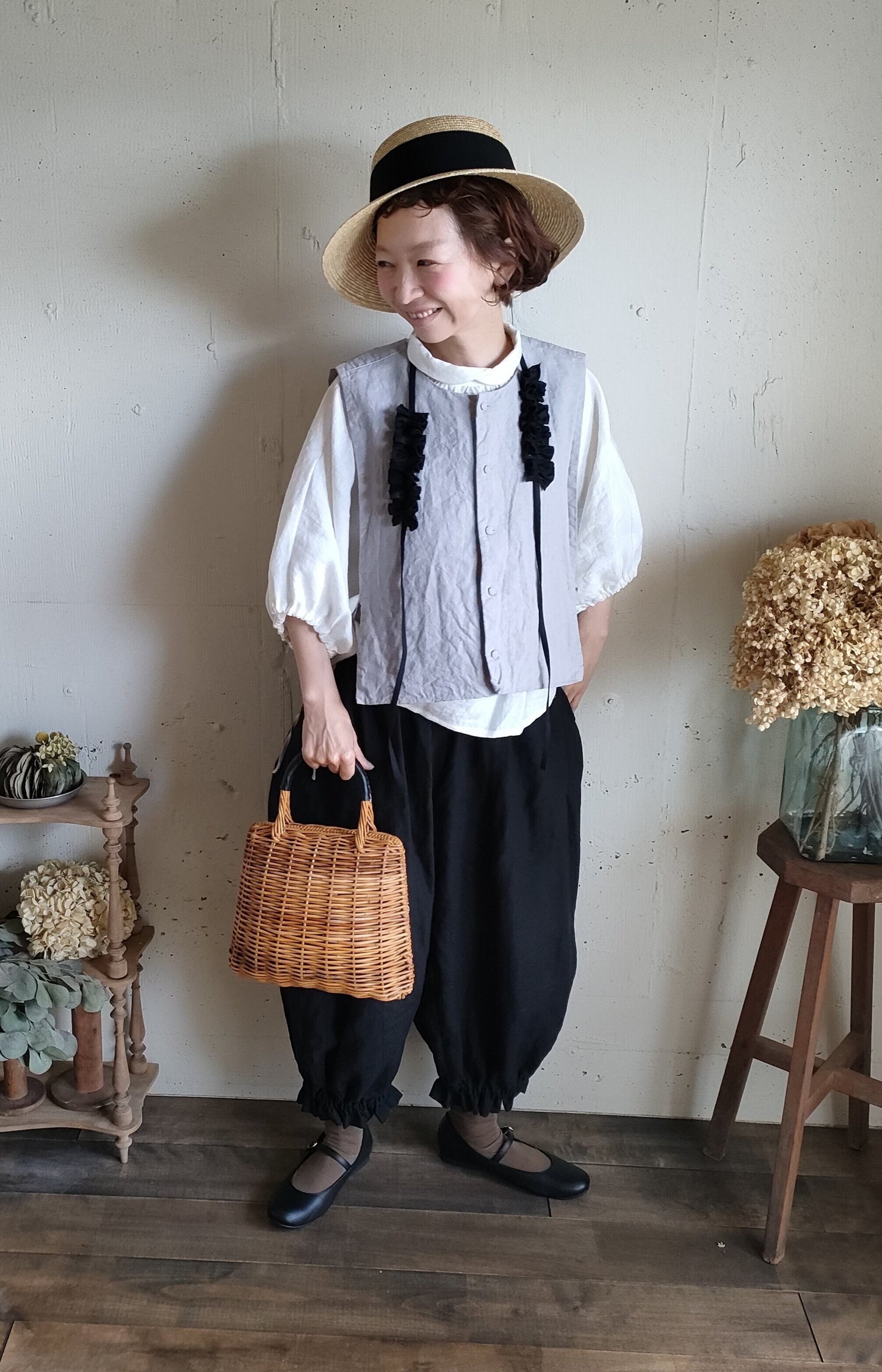 Natural Straw Hat　Black Ribbon  ナチュラル麦わら帽子　ストローハット