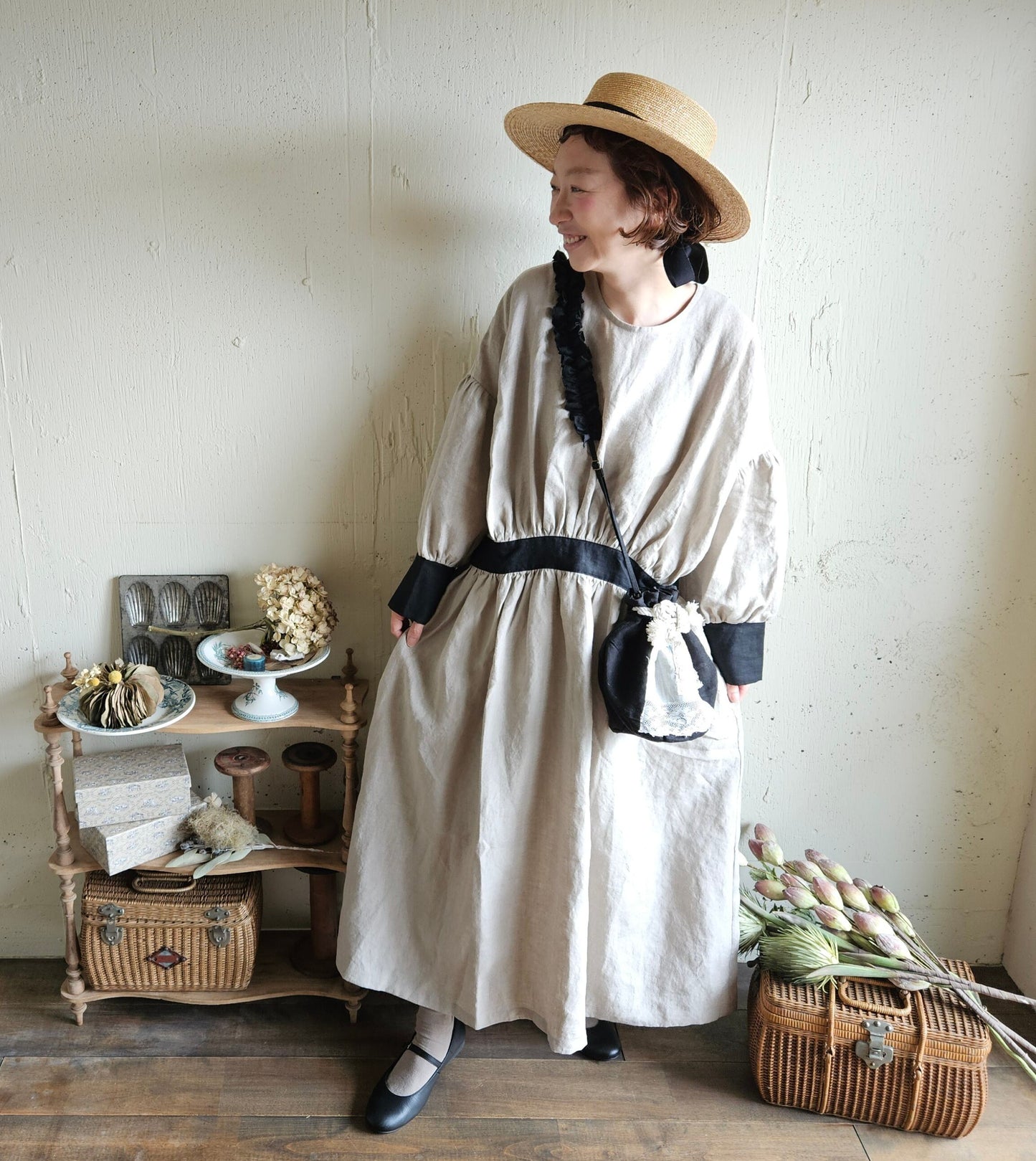 【kinari × Black】キナリ×ブラック bicollar cuffs gather onepice