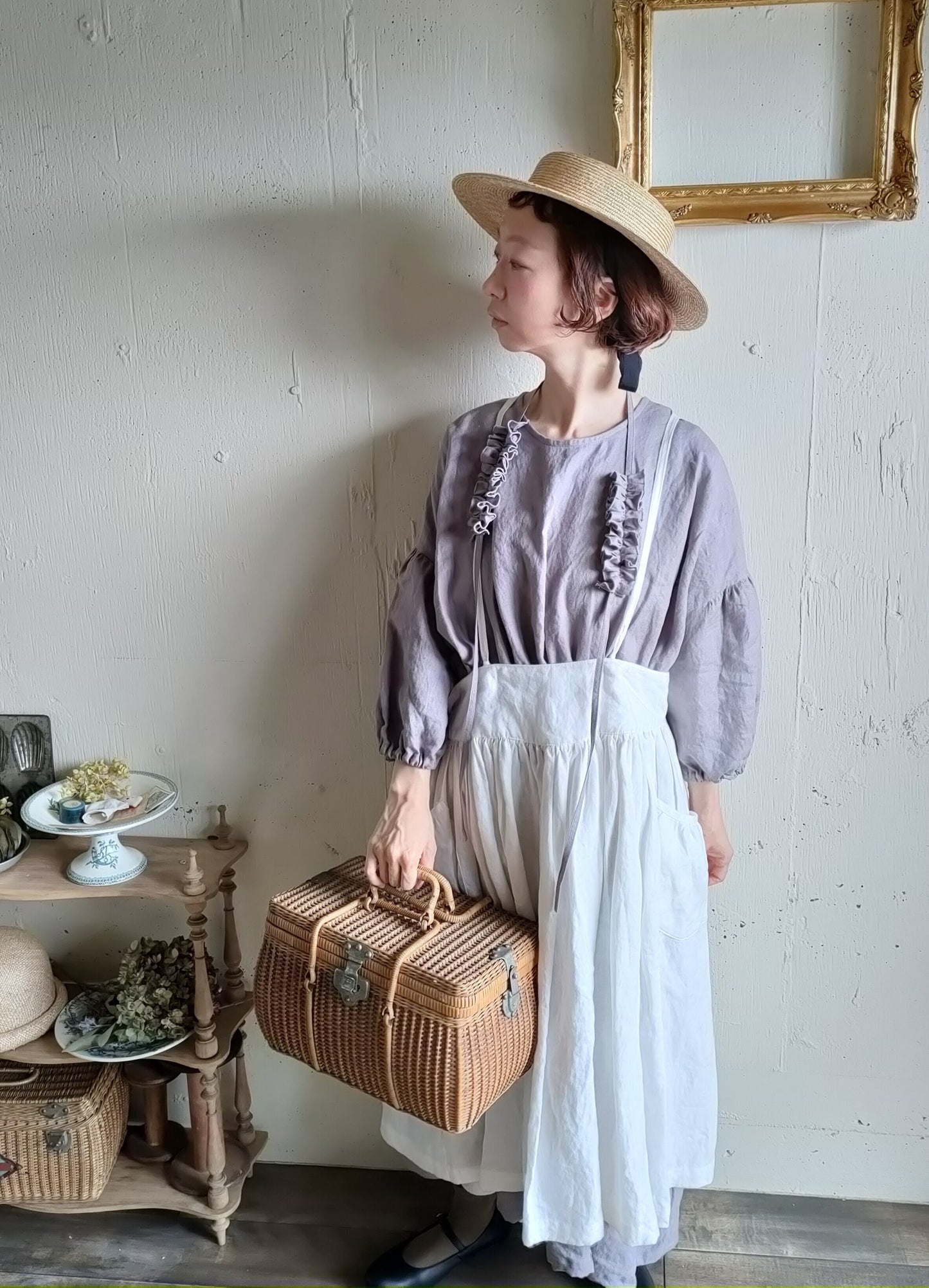 【Ash lavender】アッシュラベンダー　フレンチリネンギャザーワンピース　French linen Gather Onepiece　リネンワンピース　ナチュラルワンピース　フレンチリネン