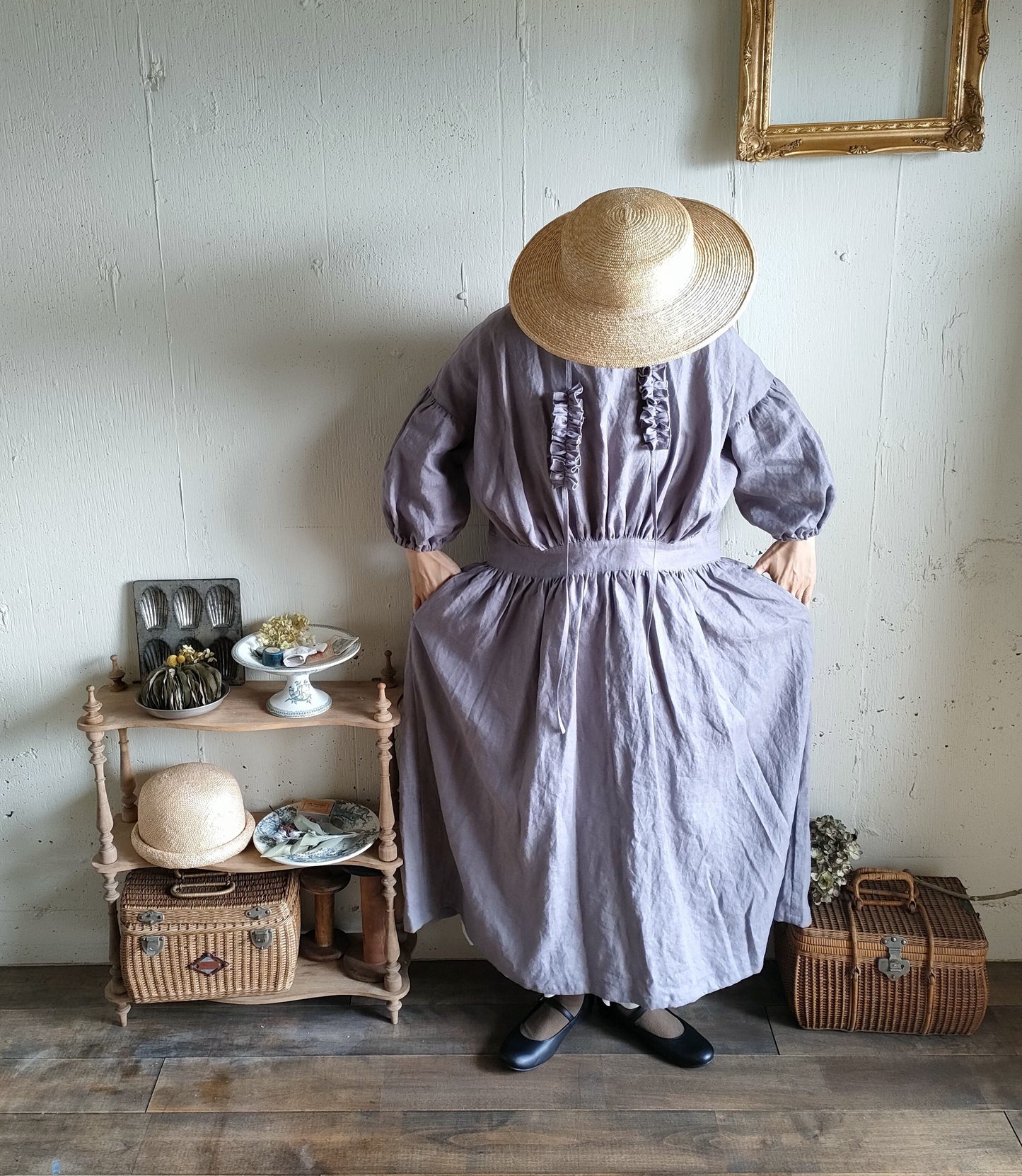 【Ash lavender】アッシュラベンダー　フレンチリネンギャザーワンピース　French linen Gather Onepiece　リネンワンピース　ナチュラルワンピース　フレンチリネン
