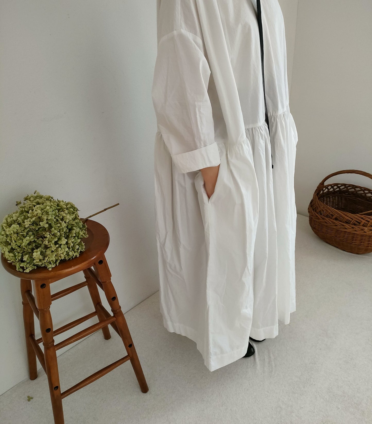 【Mat White】modernist switching gather Onepiece  コットンワンピース　Aライン　ギャザーワンピース　ガーゼ gauze#