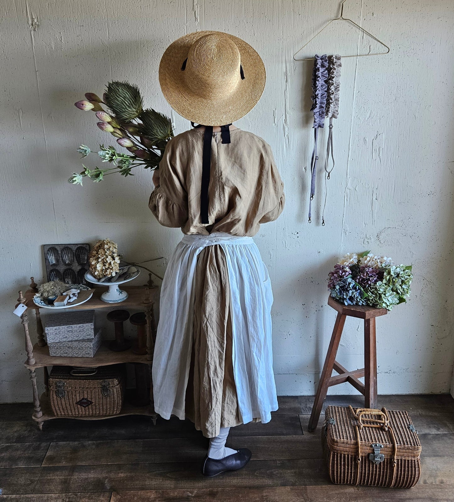 Ecru White　2way サスペンダーギャザータブリエ　French Linen Gather tablier 　アンティークタブリエ　リネンタブリエ