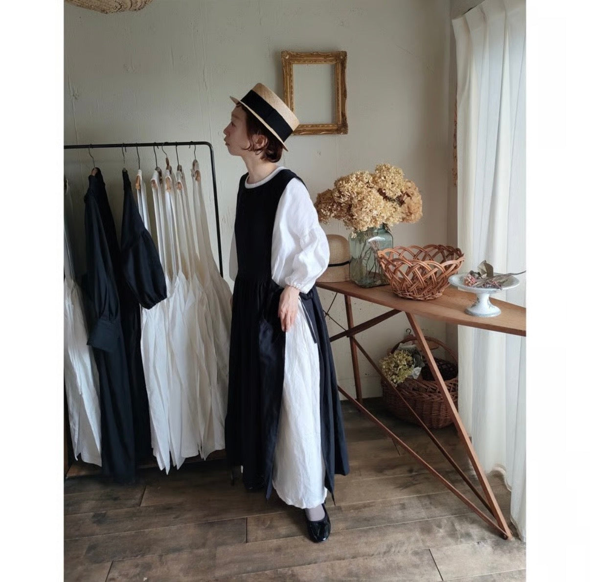 Dark Black フレンチリネンエプロンワンピース　フレンチリネンワンピース　FrenchLinen Apron onepiece