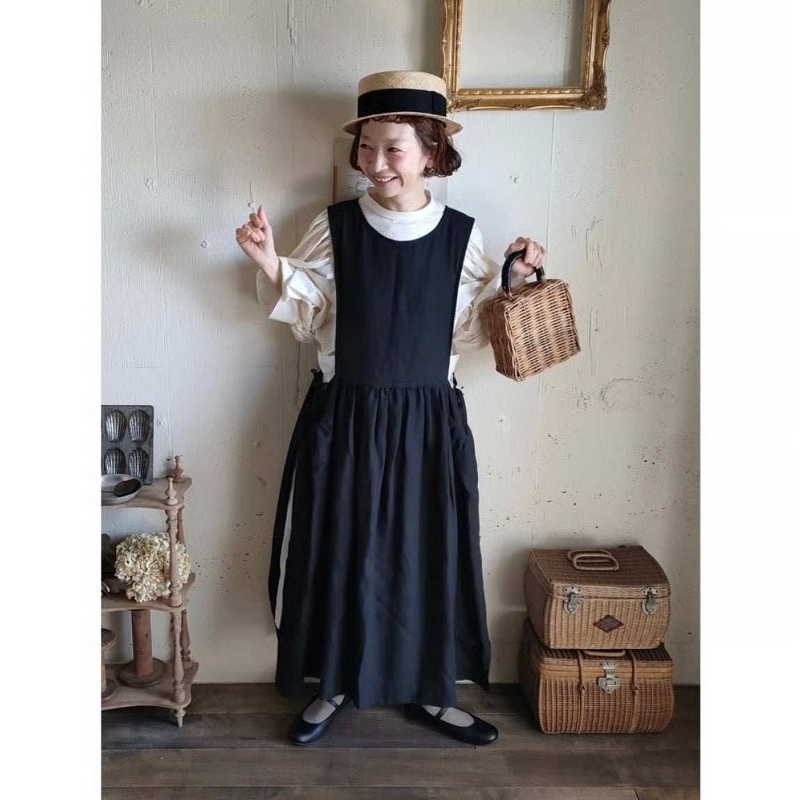Dark Black フレンチリネンエプロンワンピース　フレンチリネンワンピース　FrenchLinen Apron onepiece