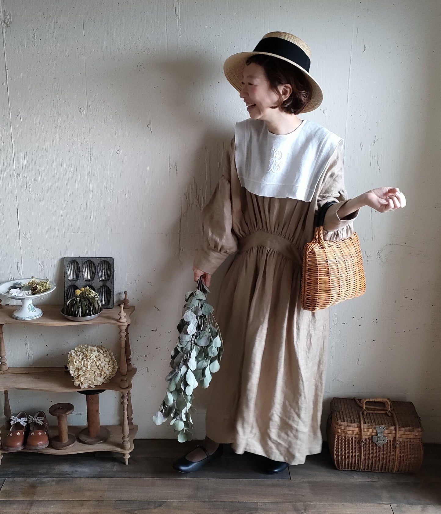 French Linen Ayaori Gather onepiece　アヤオリギャザーワンピース　フレンチリネンギャザーワンピース　リネンワンピース　ナチュラルワンピース　フレンチリネン　