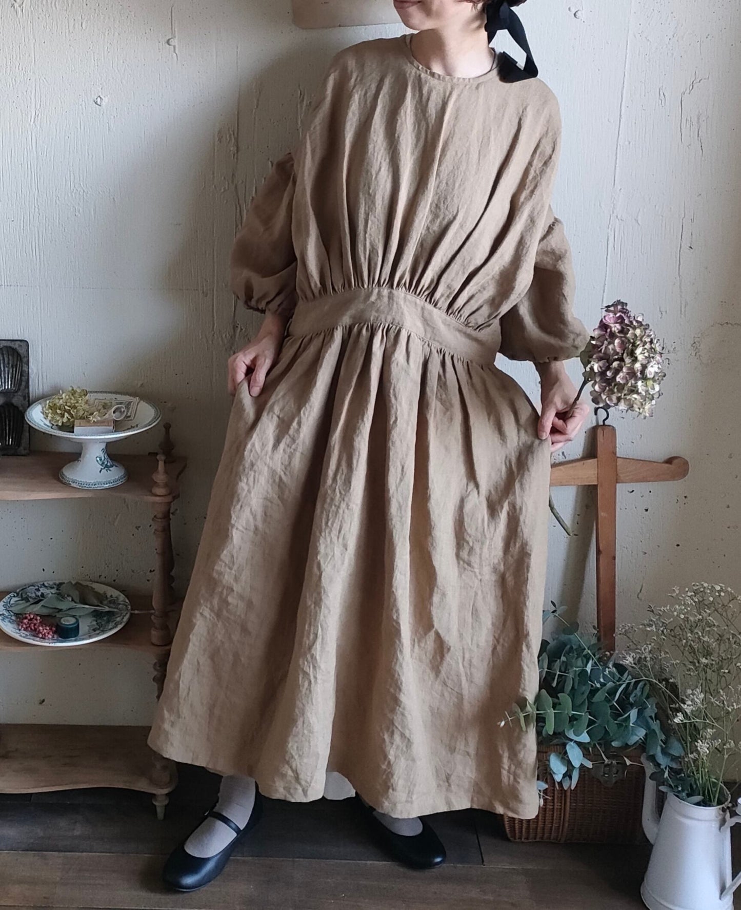 【kurumi brown】クルミブラウン　コレクトレイクリネンギャザーワンピース　 Linen gather　onepiece