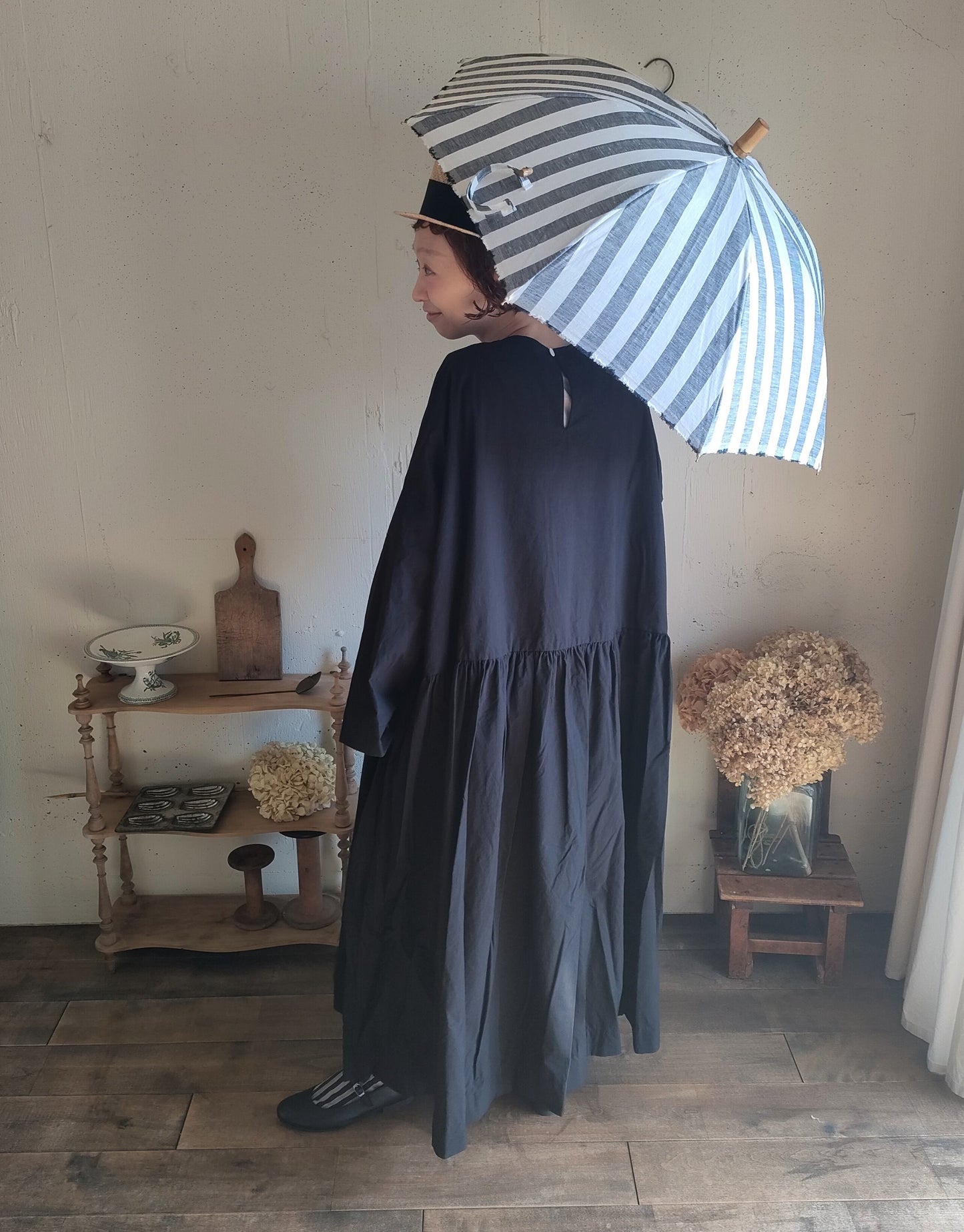 【Mat Black】modernist switching gather Onepiece  コットンワンピース　Aライン　ギャザーワンピース　ガーゼ gauze#