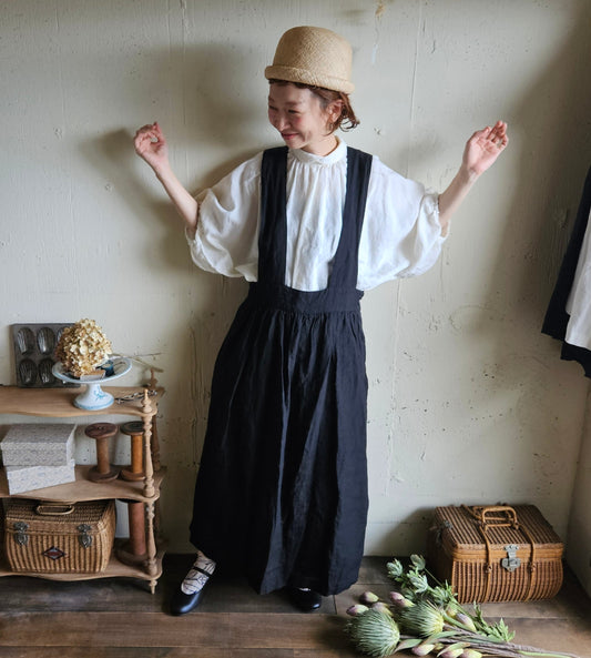 《ANTIQUE Black》Curios linen suspender skirt gauze#  サスペンダースカート
