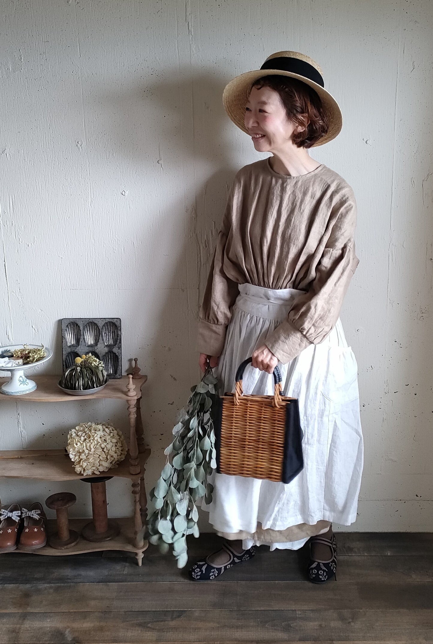 French Linen Ayaori Gather onepiece　アヤオリギャザーワンピース　フレンチリネンギャザーワンピース　リネンワンピース　ナチュラルワンピース　フレンチリネン　