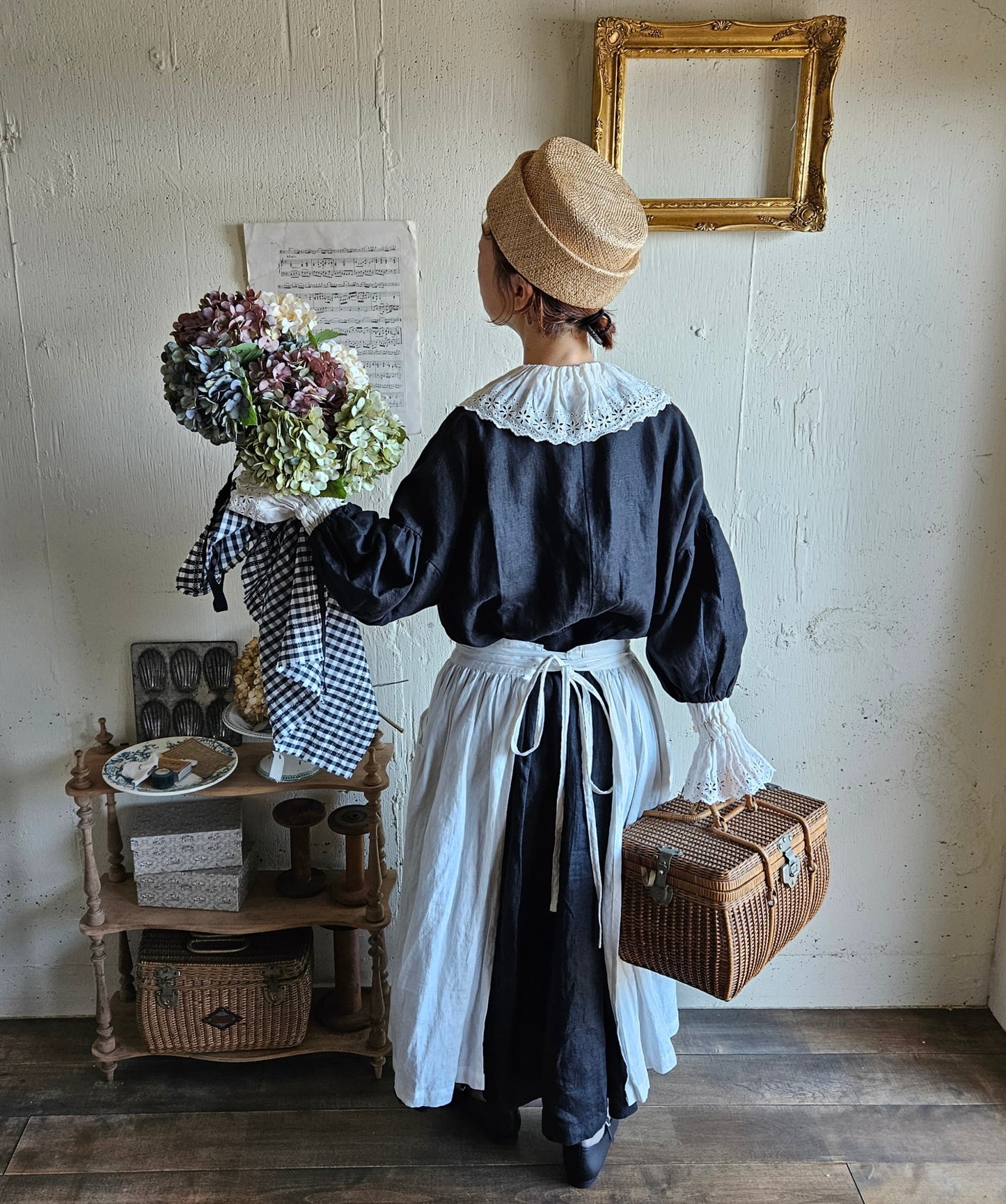 Ecru White　2way サスペンダーギャザータブリエ　French Linen Gather tablier 　アンティークタブリエ　リネンタブリエ