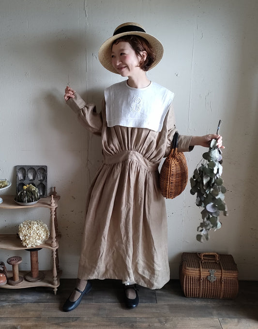 French Linen Ayaori Gather onepiece　アヤオリギャザーワンピース　フレンチリネンギャザーワンピース　リネンワンピース　ナチュラルワンピース　フレンチリネン　