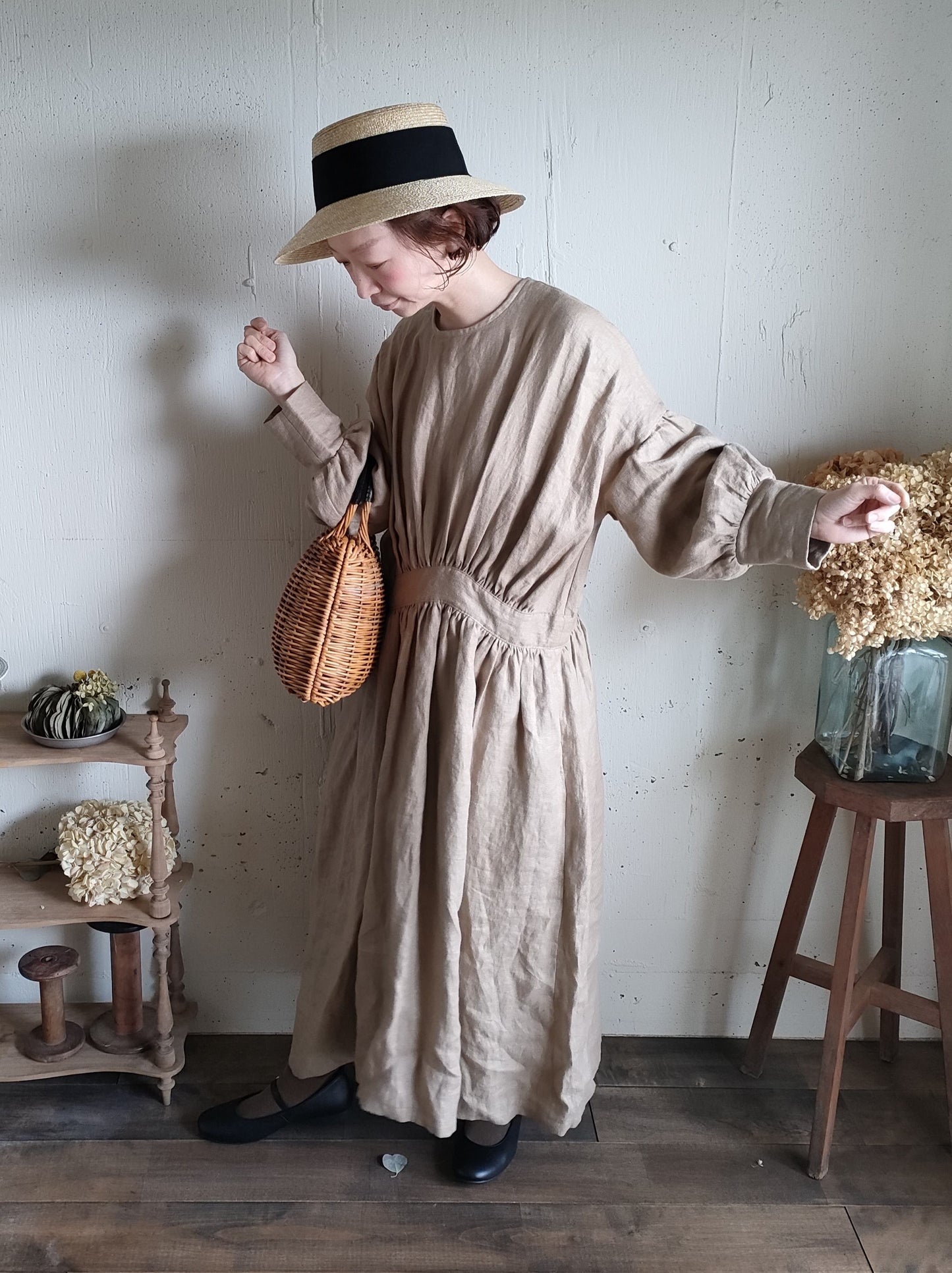 French Linen Ayaori Gather onepiece　アヤオリギャザーワンピース　フレンチリネンギャザーワンピース　リネンワンピース　ナチュラルワンピース　フレンチリネン　