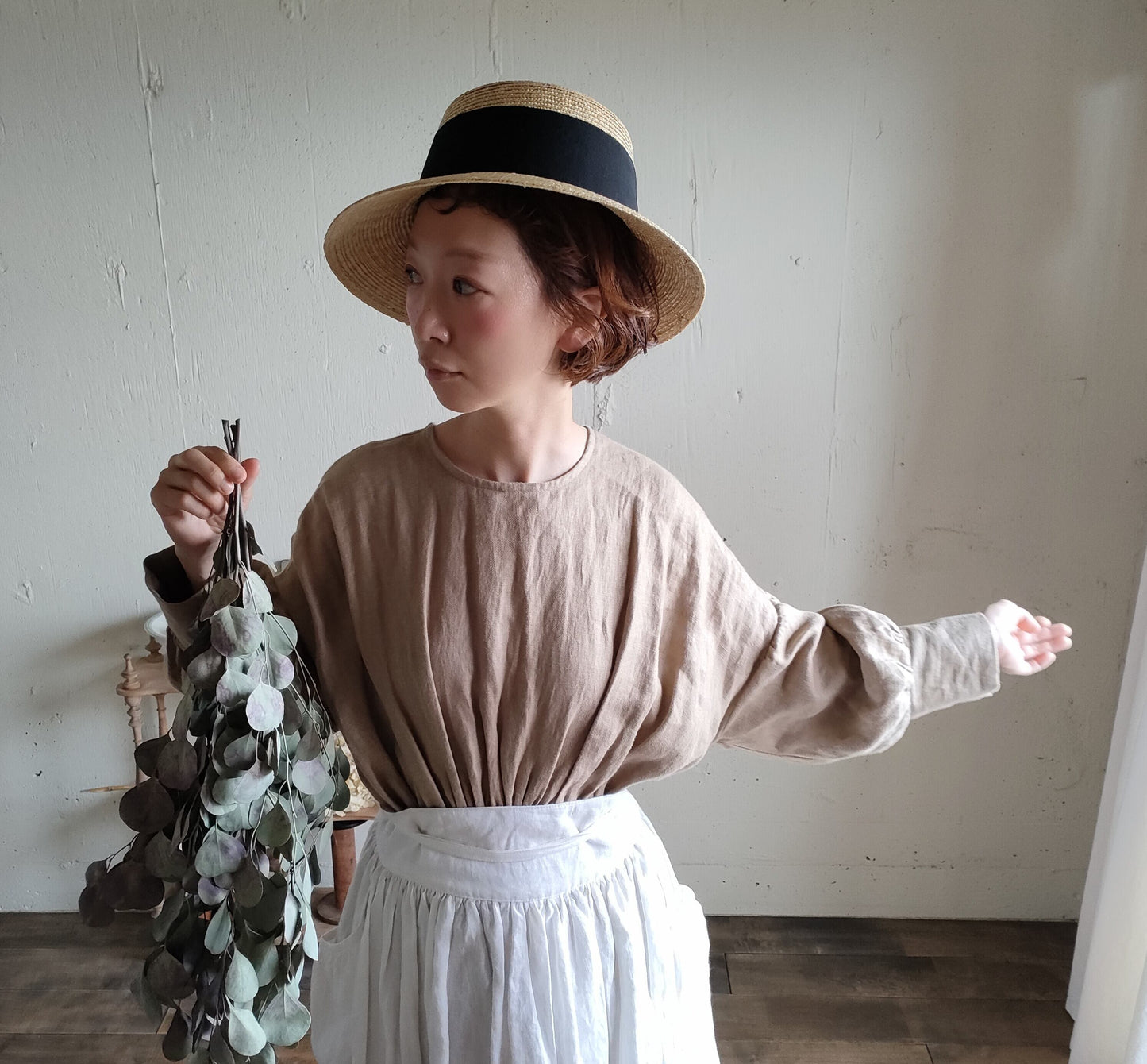 French Linen Ayaori Gather onepiece　アヤオリギャザーワンピース　フレンチリネンギャザーワンピース　リネンワンピース　ナチュラルワンピース　フレンチリネン　