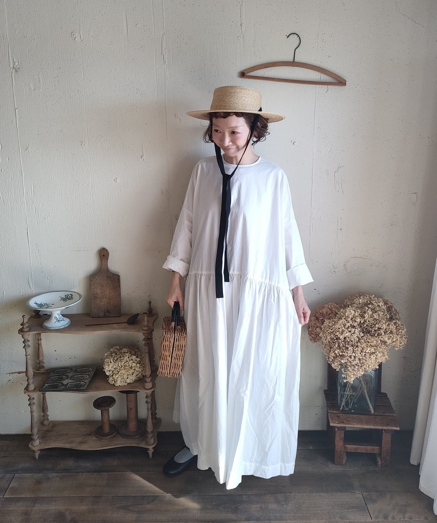 【Mat White】modernist switching gather Onepiece  コットンワンピース　Aライン　ギャザーワンピース　ガーゼ gauze#