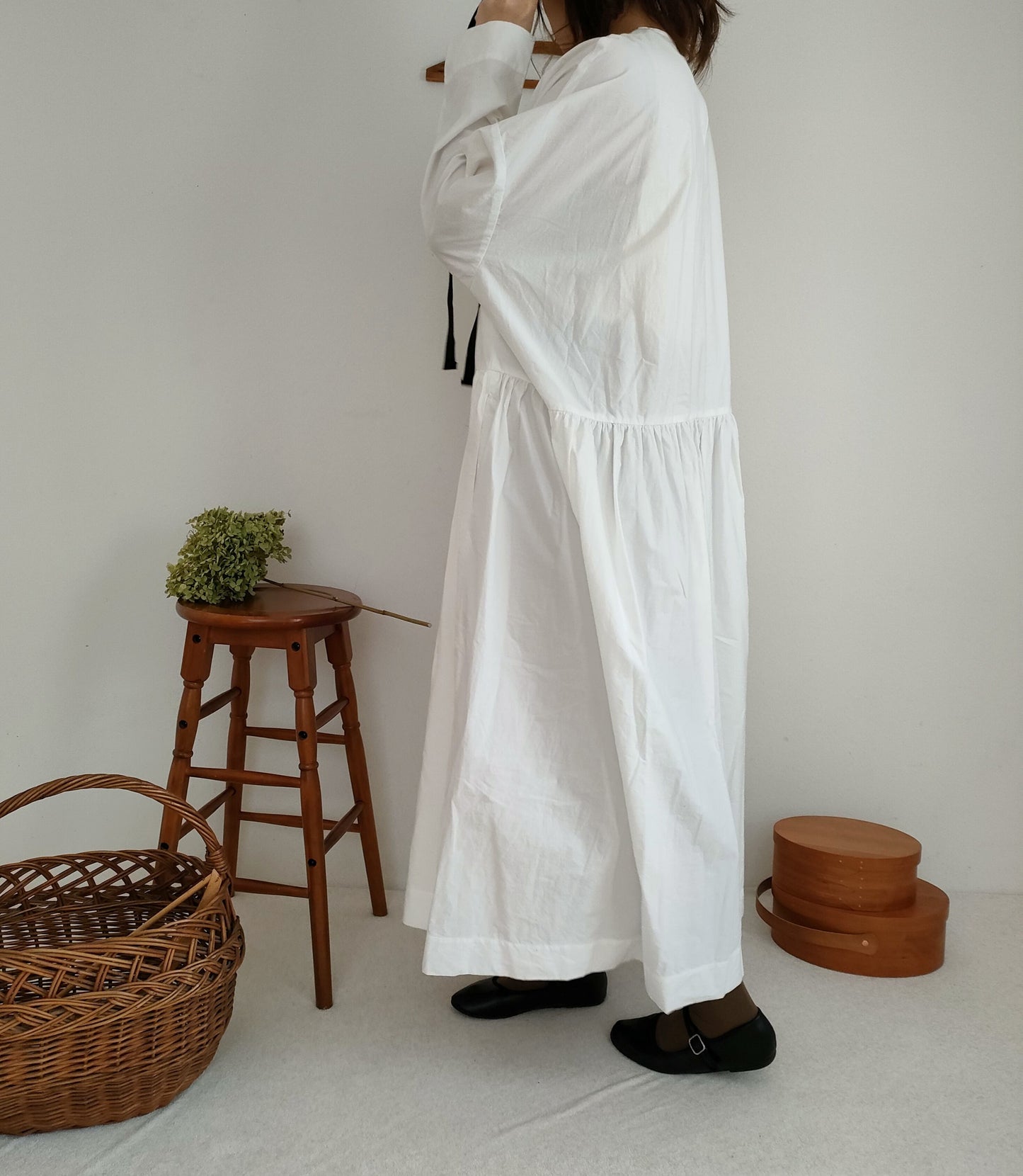 【Mat White】modernist switching gather Onepiece  コットンワンピース　Aライン　ギャザーワンピース　ガーゼ gauze#