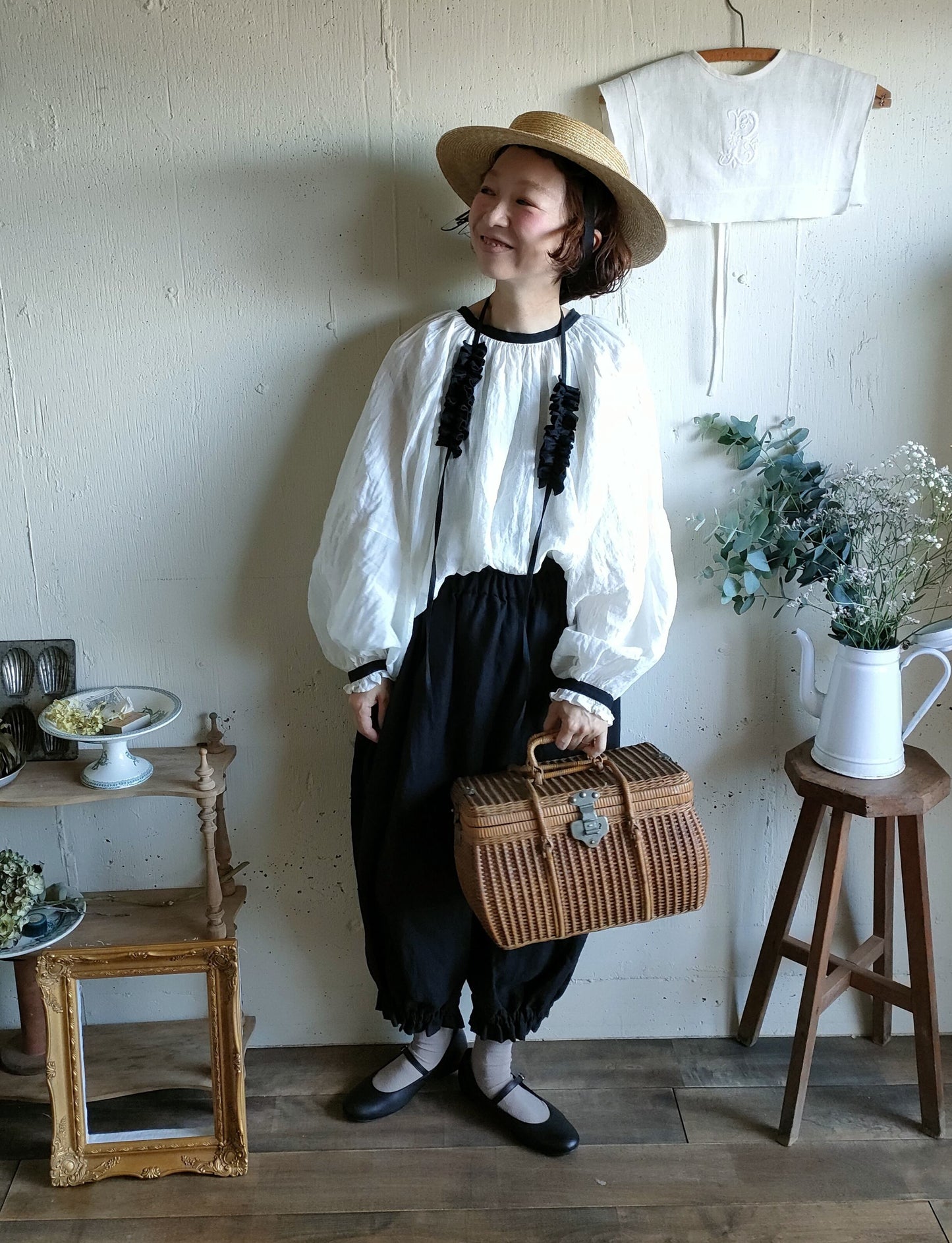 バイカラー 2way ギャザーアンティークブラウス　#gauze