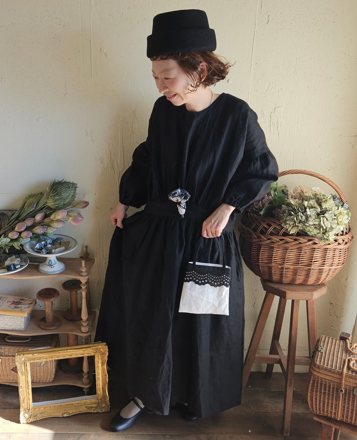 Dark Black　フレンチリネンギャザーワンピース　リネンワンピース　ナチュラルワンピース　フレンチリネン