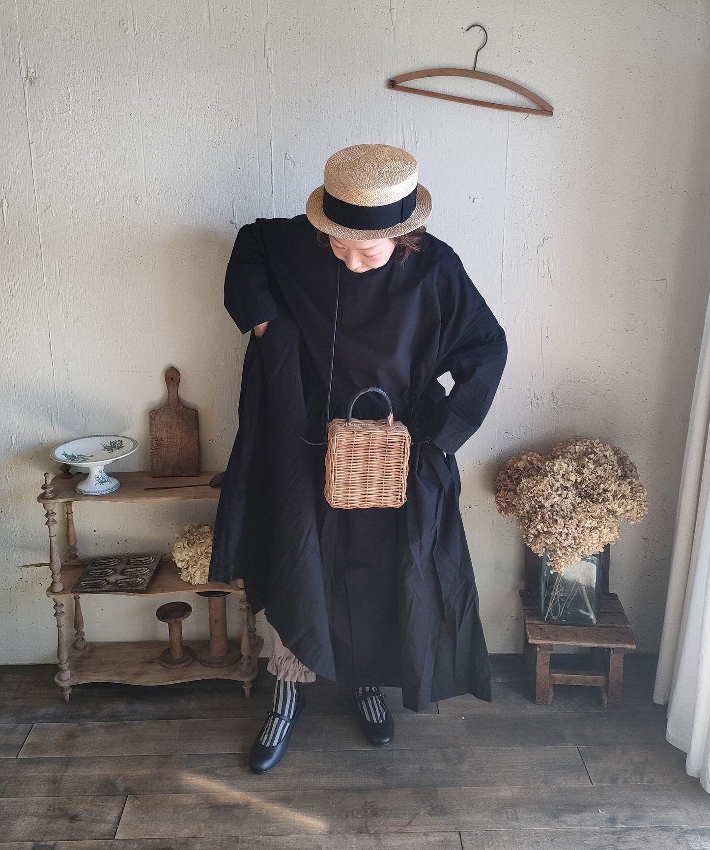 【Mat Black】modernist switching gather Onepiece  コットンワンピース　Aライン　ギャザーワンピース　ガーゼ gauze#