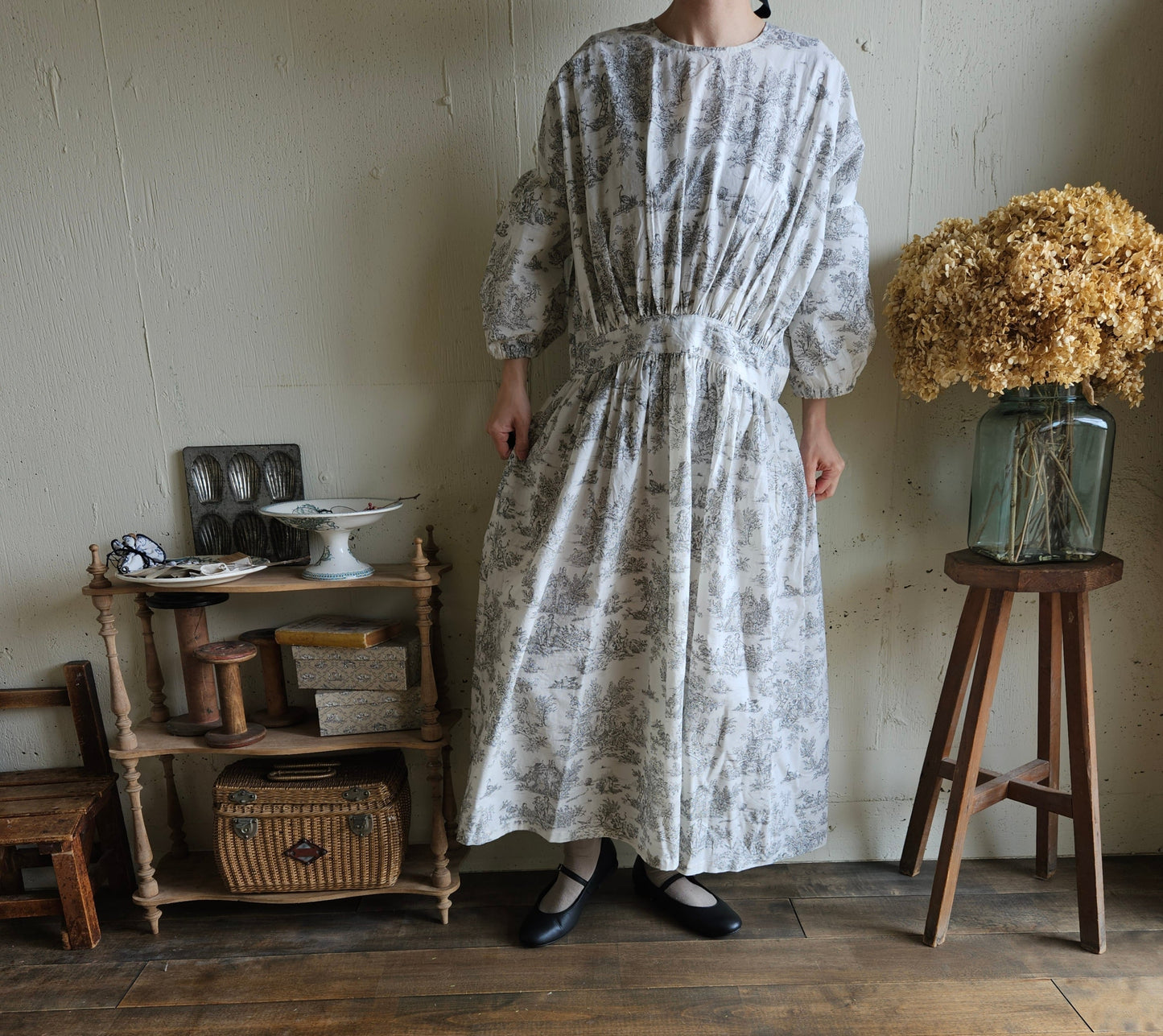 toile de jouy トワルドジュイ柄 ギャザーワンピース French cotton  gather one piece