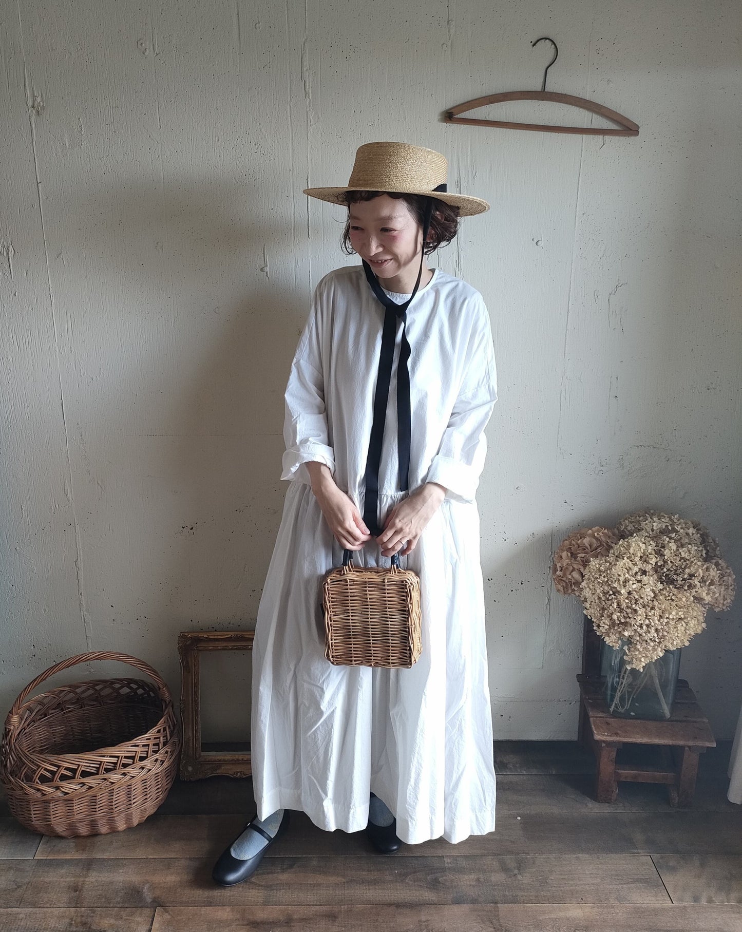 【Mat White】modernist switching gather Onepiece  コットンワンピース　Aライン　ギャザーワンピース　ガーゼ gauze#