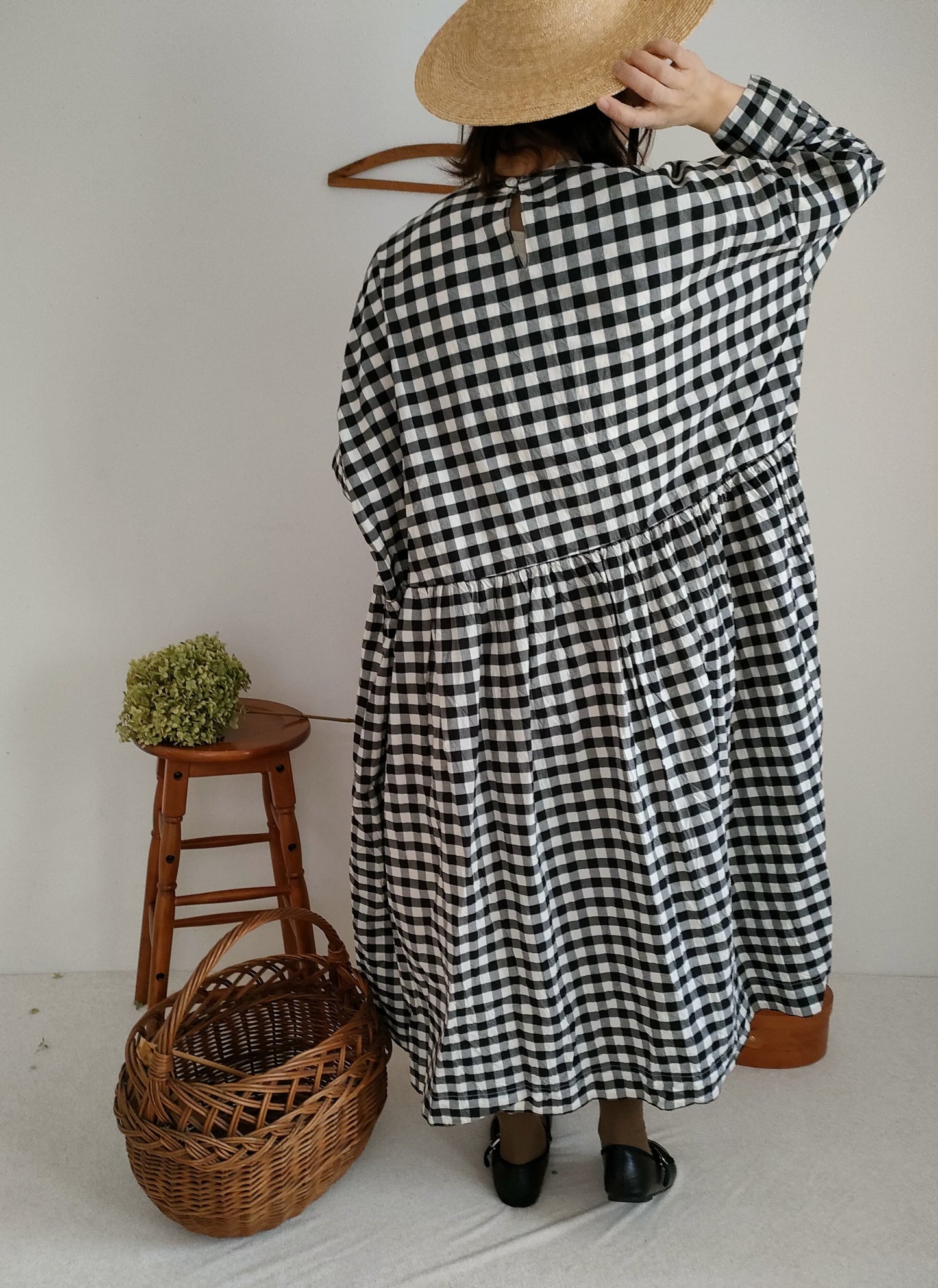 【Gingham check】modernist switching gather Onepiece  コットンワンピース　Aライン　ギャザーワンピース　ガーゼ gauze#