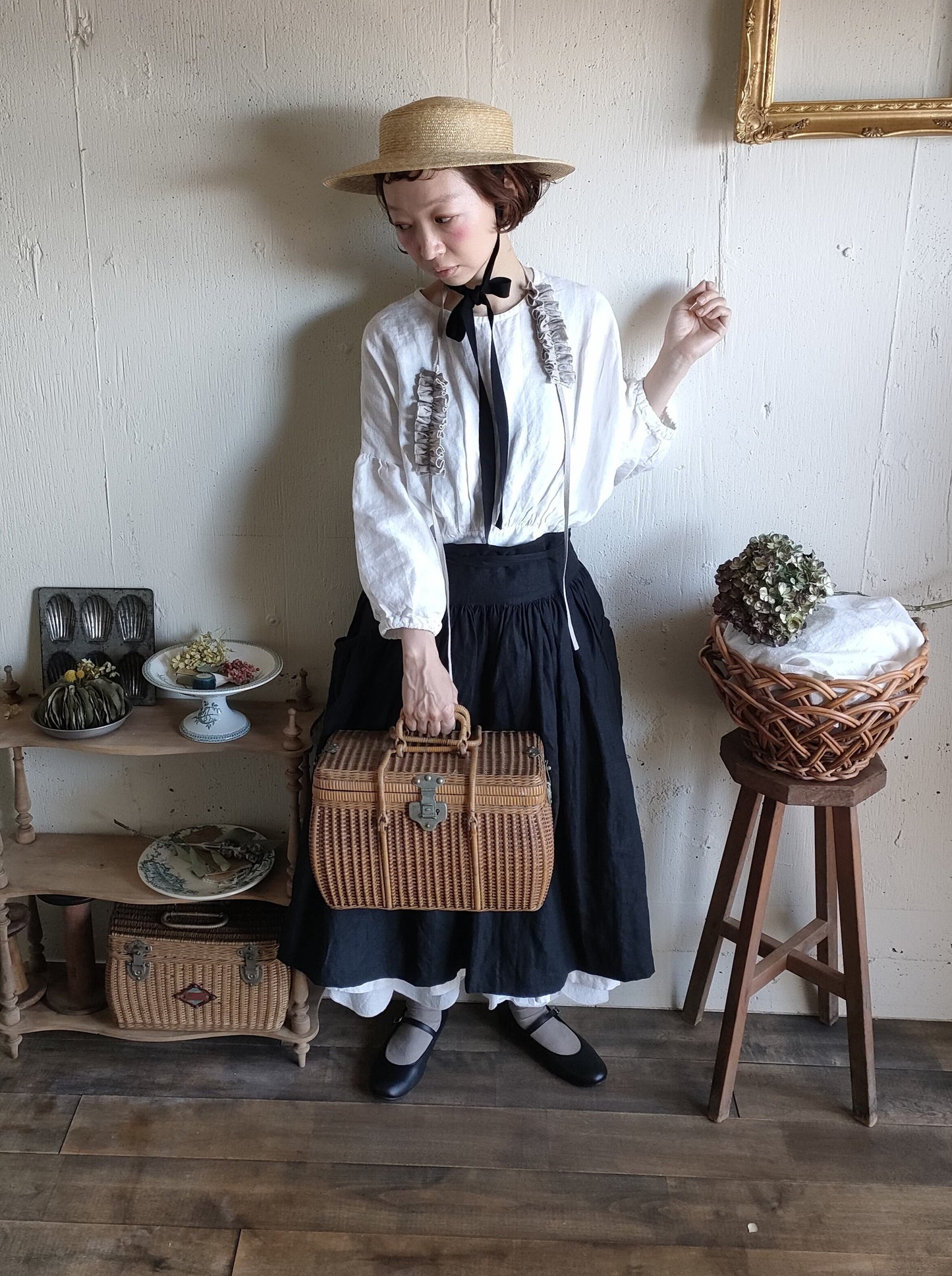 Dark Black　2way サスペンダーギャザータブリエ　French Linen Gather tablier