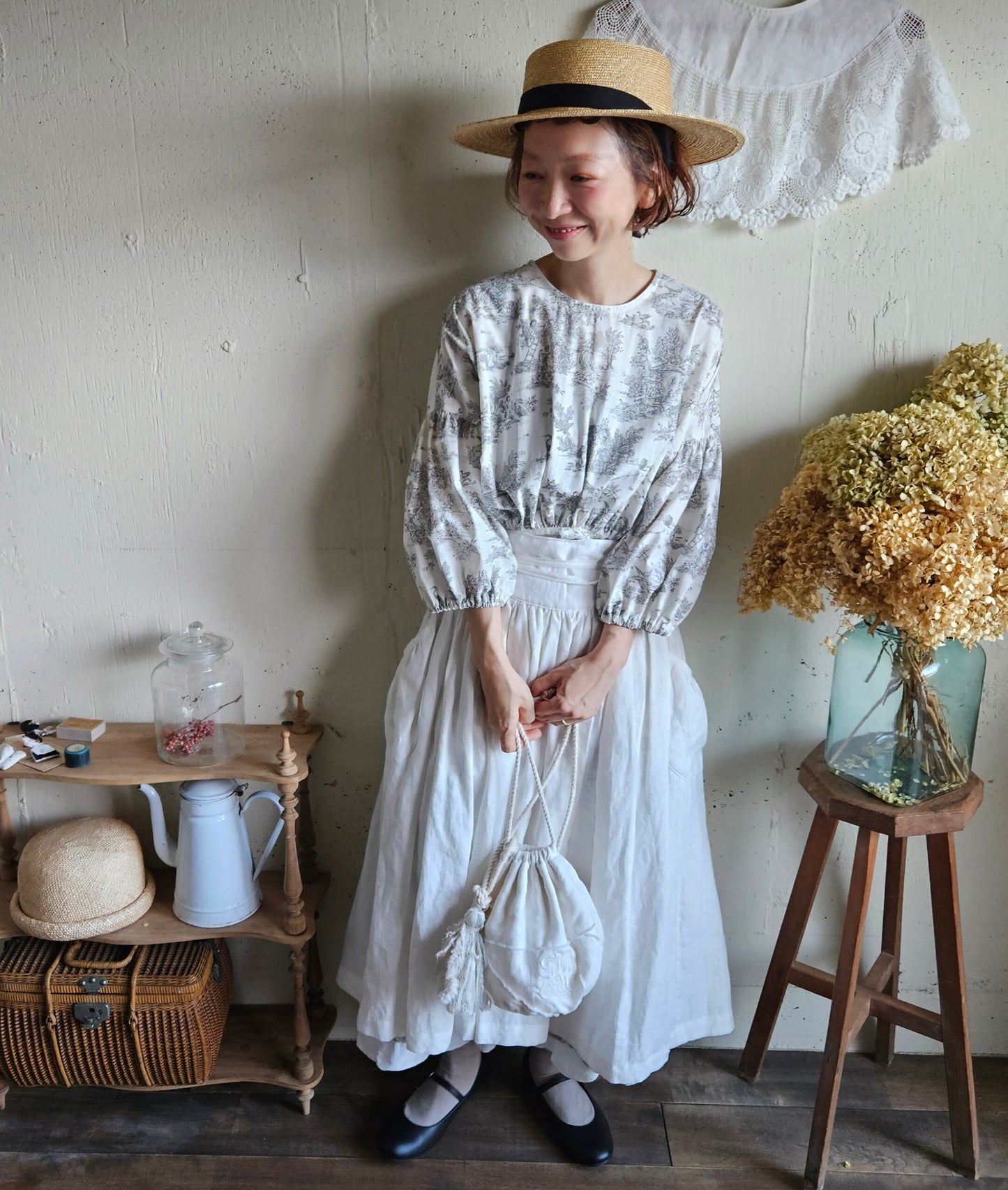 toile de jouy トワルドジュイ柄 ギャザーワンピース French cotton  gather one piece