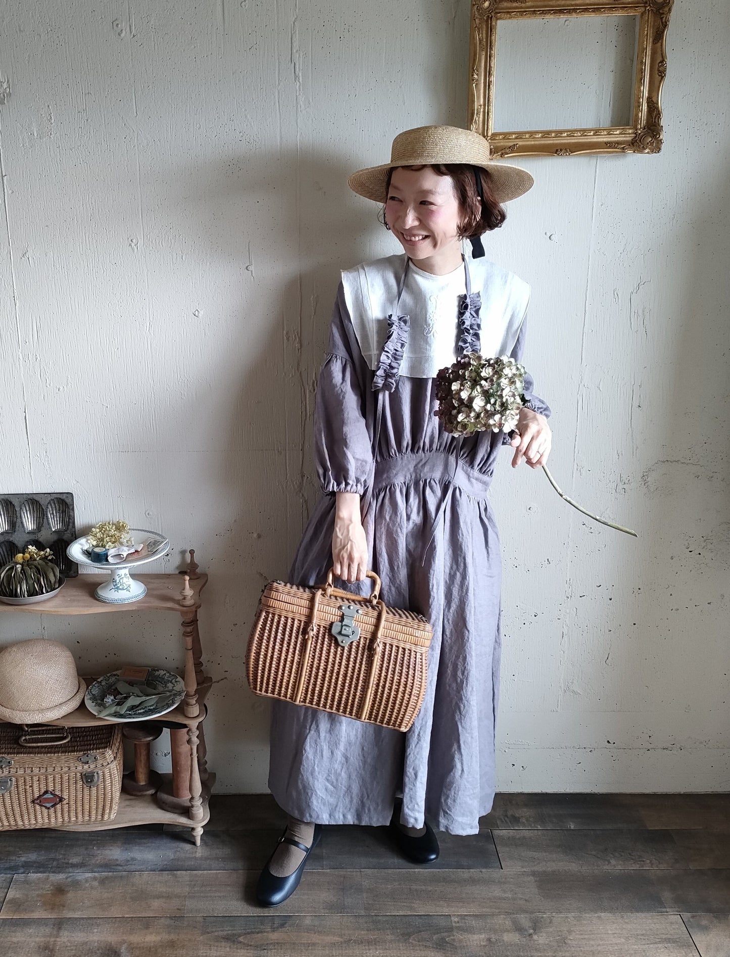 【Ash lavender】アッシュラベンダー　フレンチリネンギャザーワンピース　French linen Gather Onepiece　リネンワンピース　ナチュラルワンピース　フレンチリネン