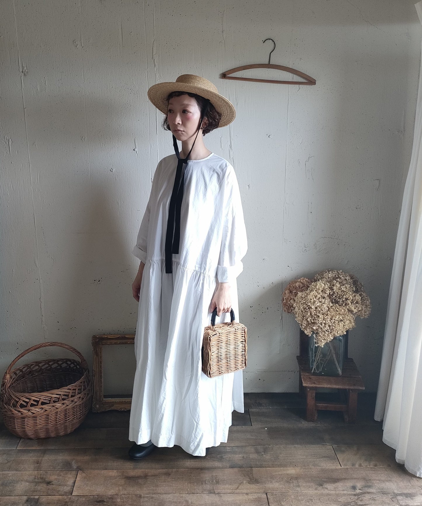 【Mat White】modernist switching gather Onepiece  コットンワンピース　Aライン　ギャザーワンピース　ガーゼ gauze#