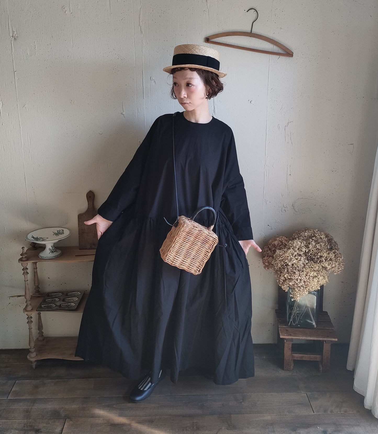 【Mat Black】modernist switching gather Onepiece  コットンワンピース　Aライン　ギャザーワンピース　ガーゼ gauze#